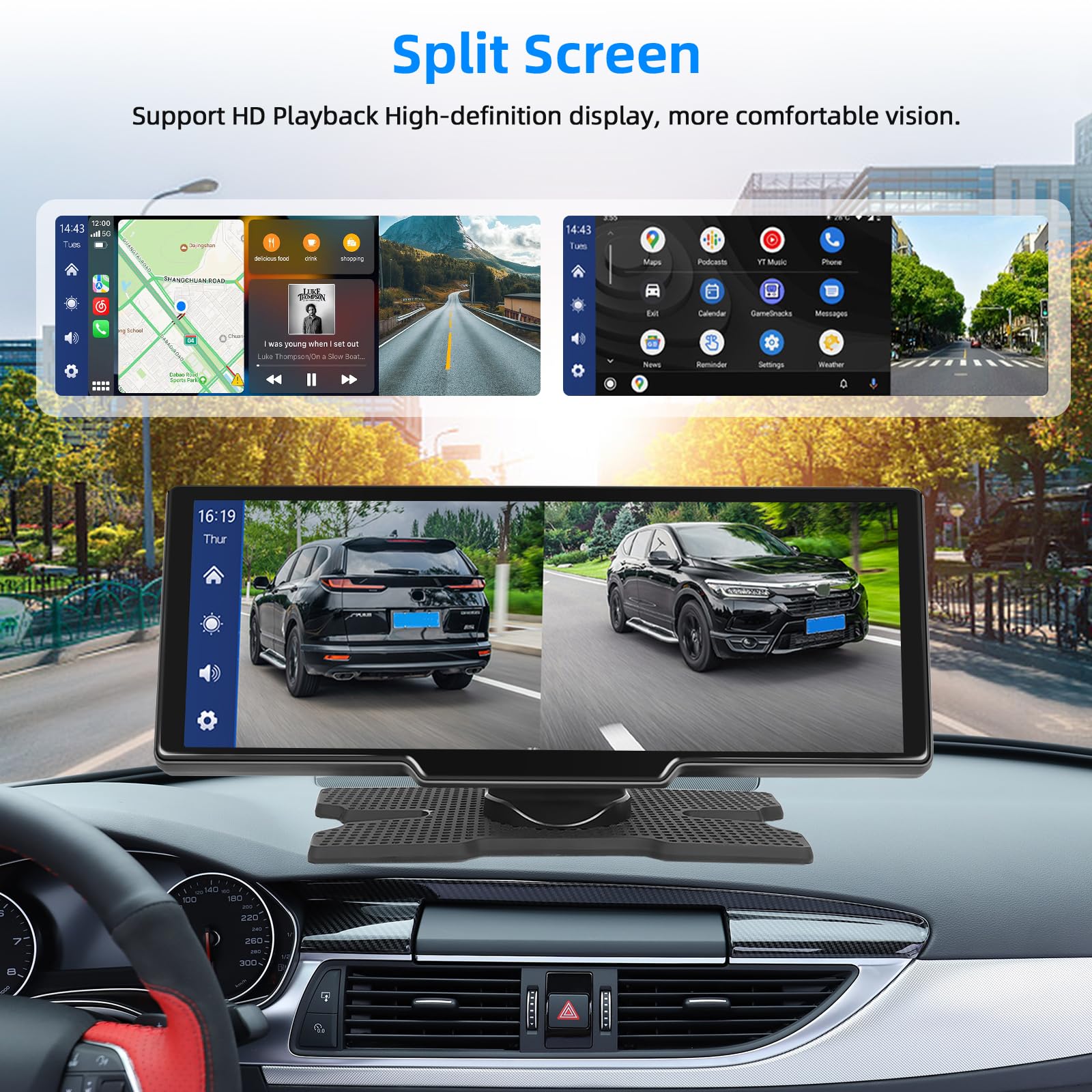 Podofo 10,26 Pollici Portatile Autoradio con Wireless A-pple Carplay & Android Auto Tocuchscreen，7-32V Monitor con A-pple Airplay/Assistente Vocale/Bluetooth/Trasmettitore FM/AUX/TF Card