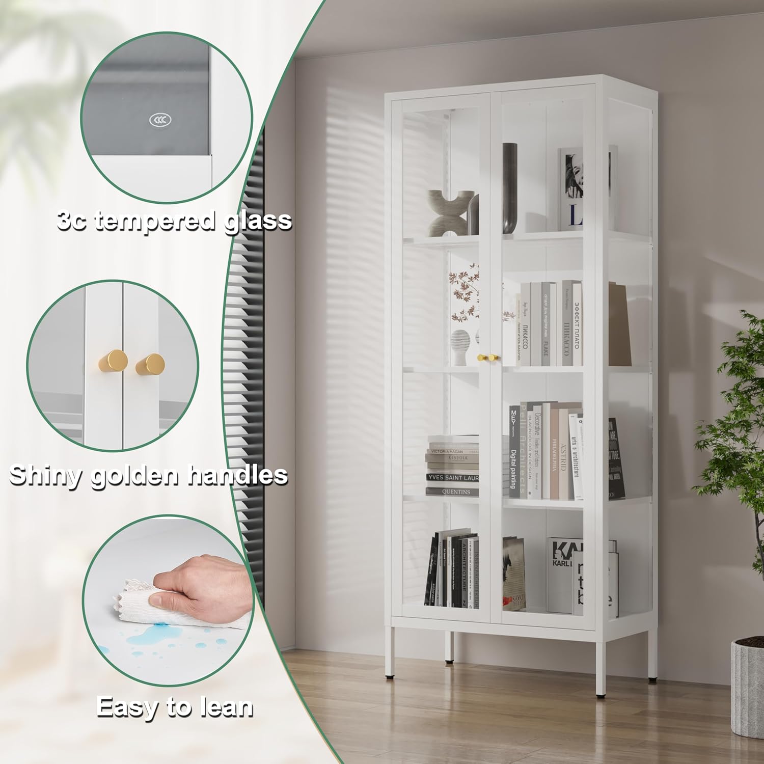 Glass Display Cabinet 4-Tier,66" H Metal Curio Cabinet with Glass Doors and 3 Adjustable Shelves,Display Case for Collectibles,Living Room (No Lights, White)