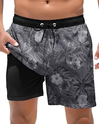 BOJIN Mens Swim Trunks with Compression Liner Quick Dry Bathing Suit Shorts