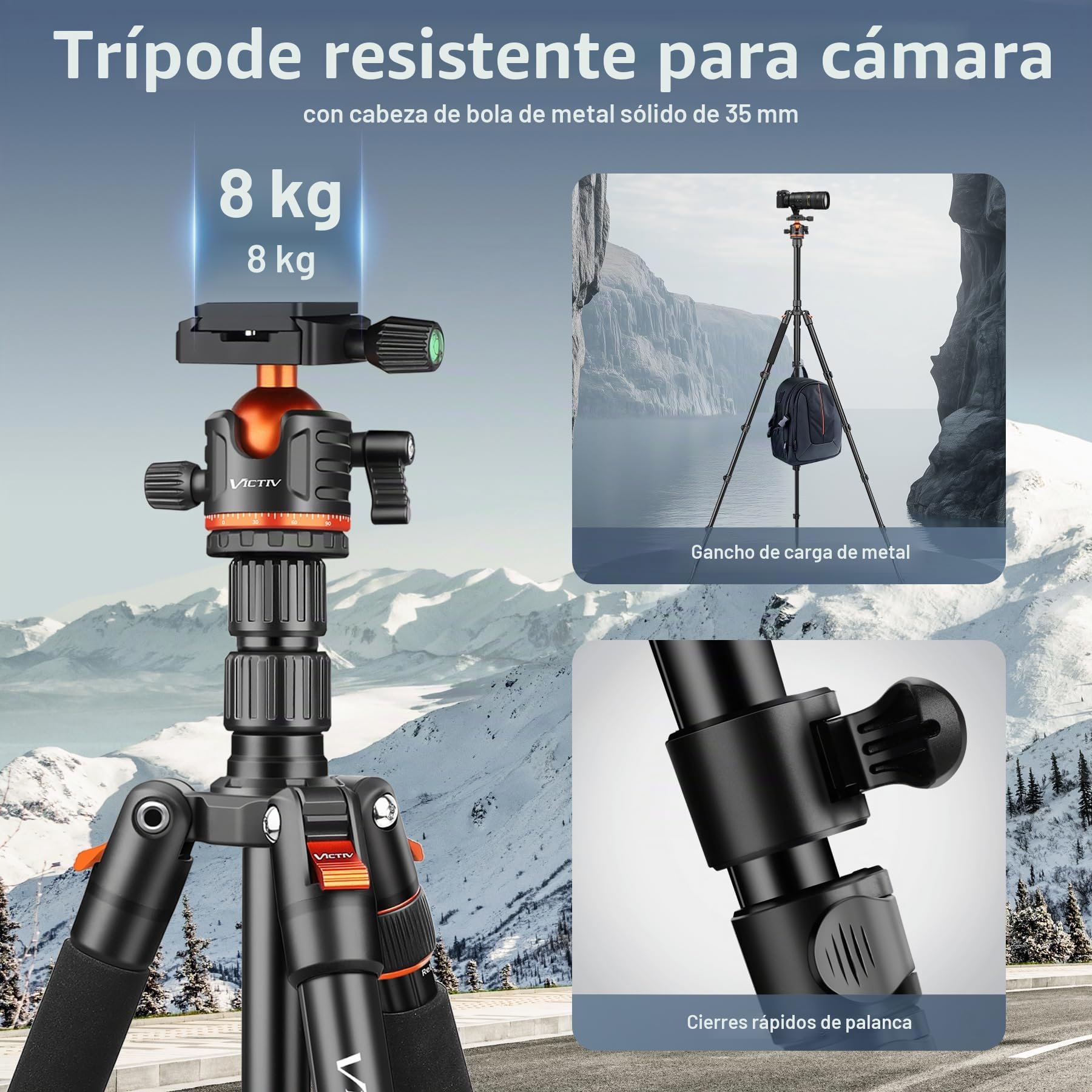 Victiv 198 cm Tripode Camara para Sony Canon Nikon, Tripode para Movil Alto de Viaje Compacto de Aluminio, Trípode Cámara Reflex Fotografia Panorámico 360° Carga Máxima 8kg