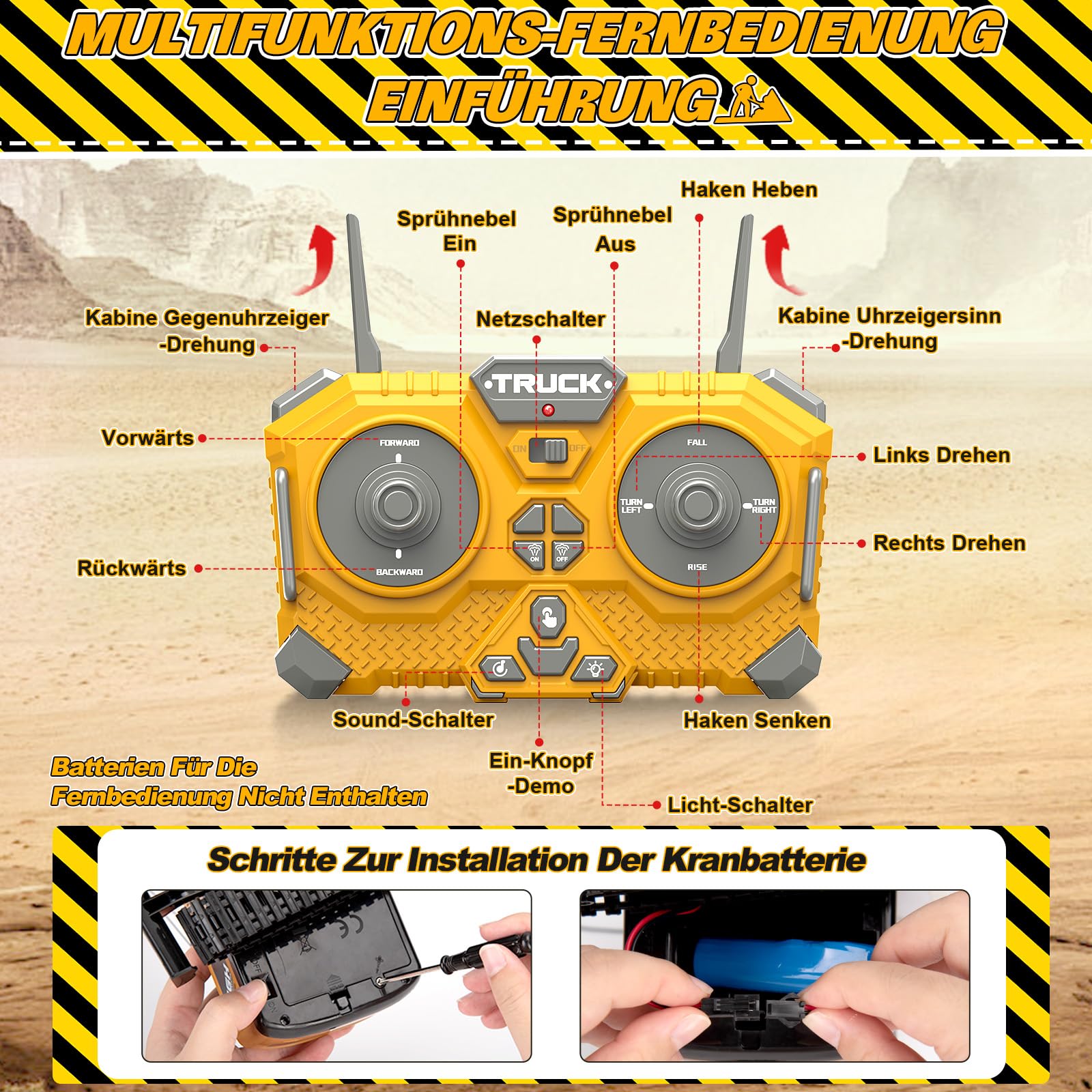 1:16 Kran Ferngesteuert, 13 Kanälen Große RC Kranspielzeug mit Schiebeschild Lichter Spray Realistische Soundeffekte, Ferngesteuerter Kran Geschenke für Junge Mädchen 6+ Jahre (Gelb)