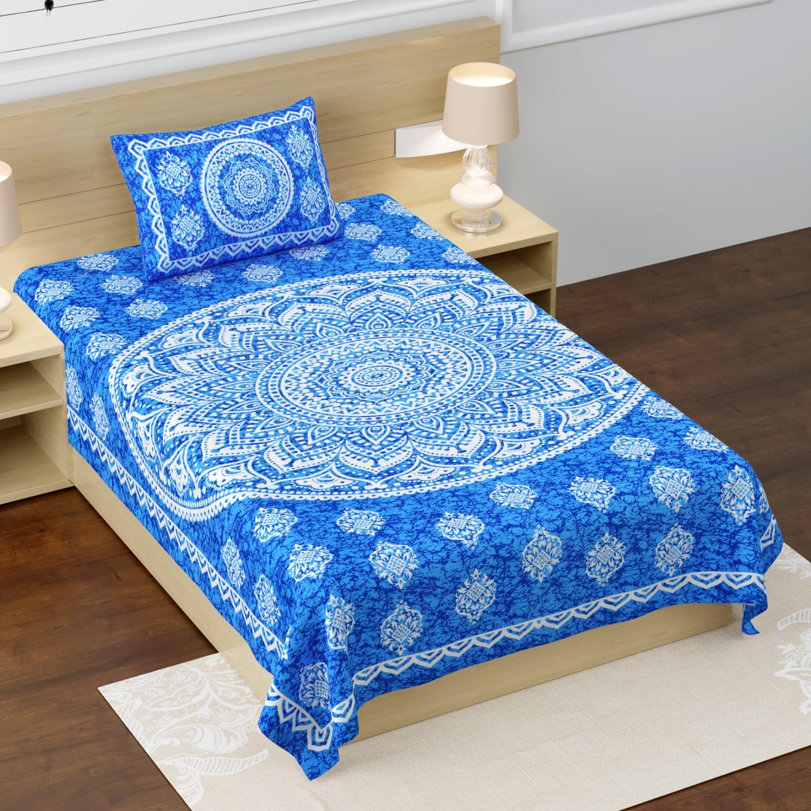 RajasthaniKart® Pure 100% Cotton Single Bed Sheet with 1 Pillow Cover (Bedsheet for Single Bed Cotton, Blue Star)