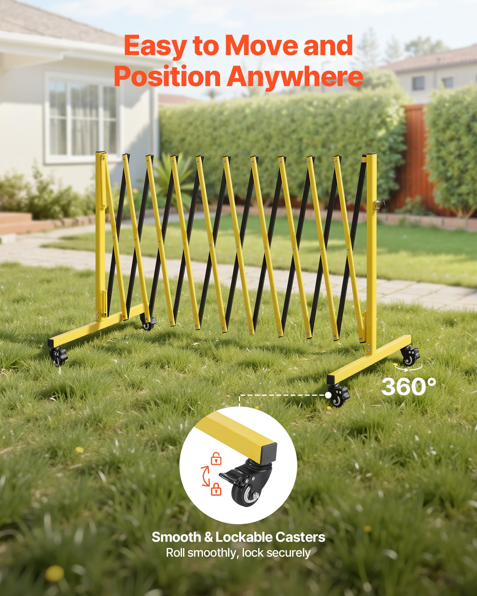 VEVOR Barricada Extensible de 3,94 m, Barrera de Seguridad Plegable con Rueda y Freno, Valla Metálica Portátil de Aleación de Aluminio, para Obra Construcción Control de Espacios, Color Negro Amarillo