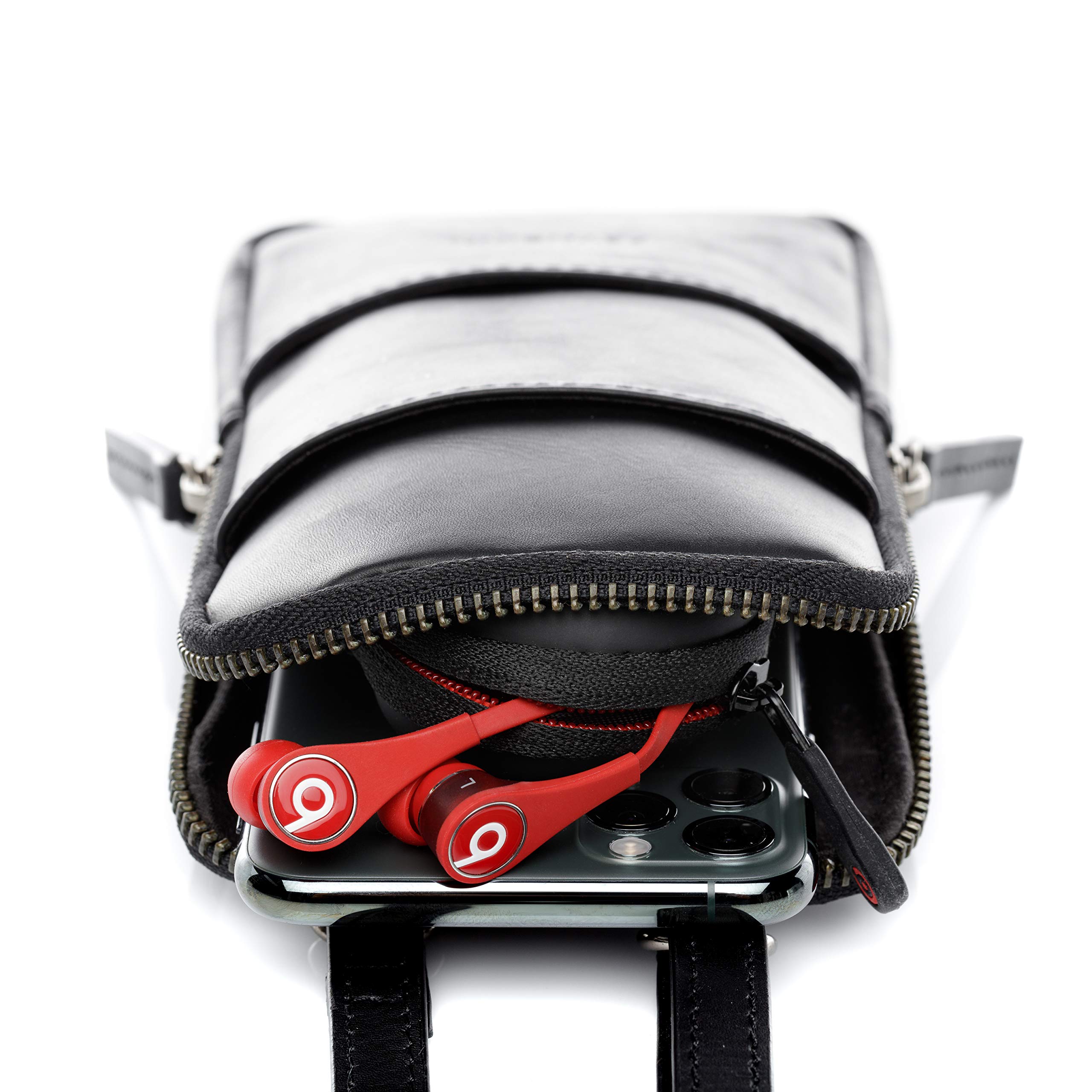 Handy Brustbeutel echt Leder - Umhängetasche Kjell - Handytasche mit Schultergurt - Ledertasche Herren und Damen schwarz handgefertigt