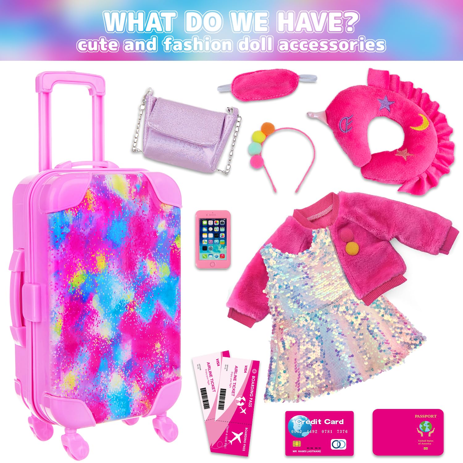 Zita Element 18 Inch American Clothes and Accessories Travel Suitcase Playset for Girls Cute Travel Clothes (Not Include Doll & Shoes) - Image 2