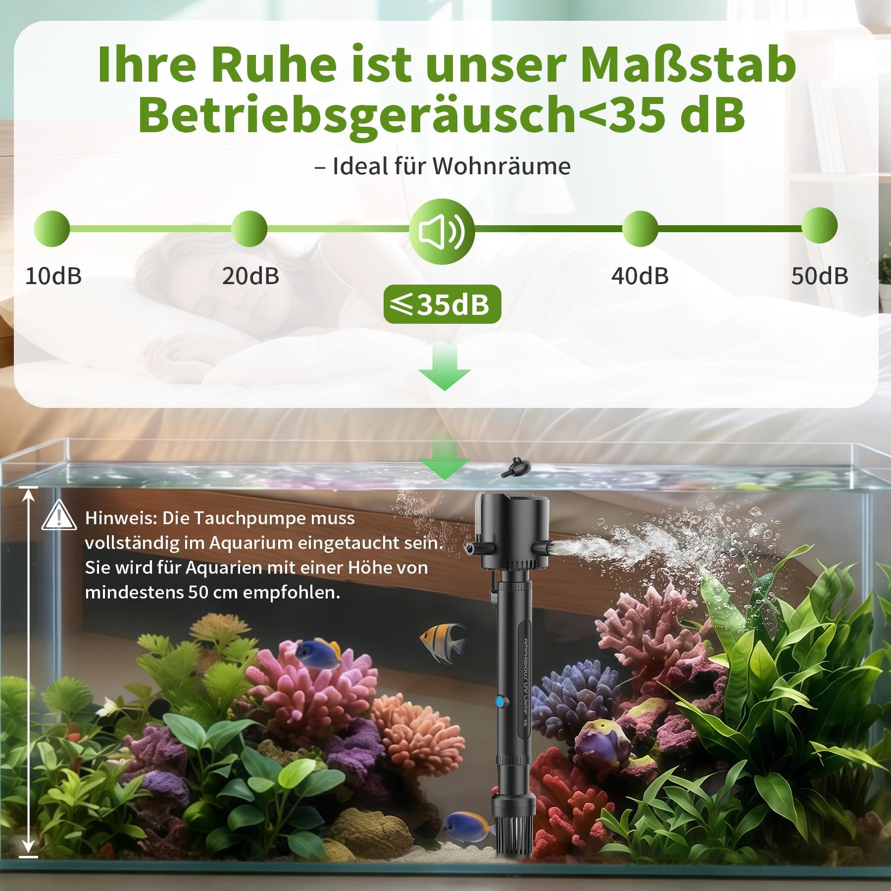 OMECO 5-in-1 Aquarium Innenfilter 800L/H UVC Klärer Aquarium filter für 60L-300L Aquarien mit 6W U-V-Sterilisator und timer,aquarium pumpe mit Belüftung und Regendusche