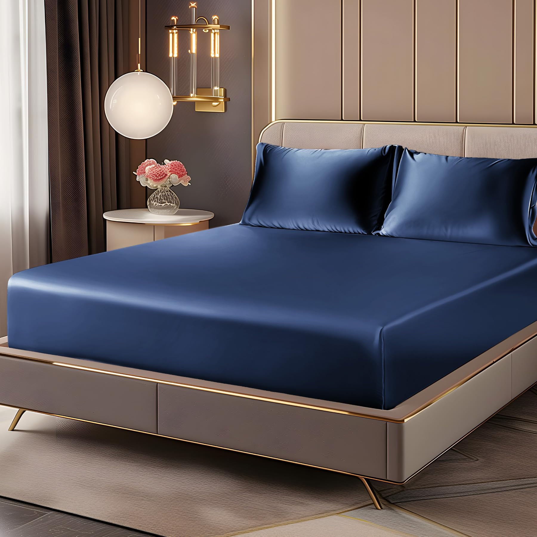 BEDELITE Satin Fitted Sheet and Pillowcases Set, Luxury Soft Similar to Silk Bottom Bedsheet with Elastic Corner Straps, Deep Pocket up to 15 Inch, 1