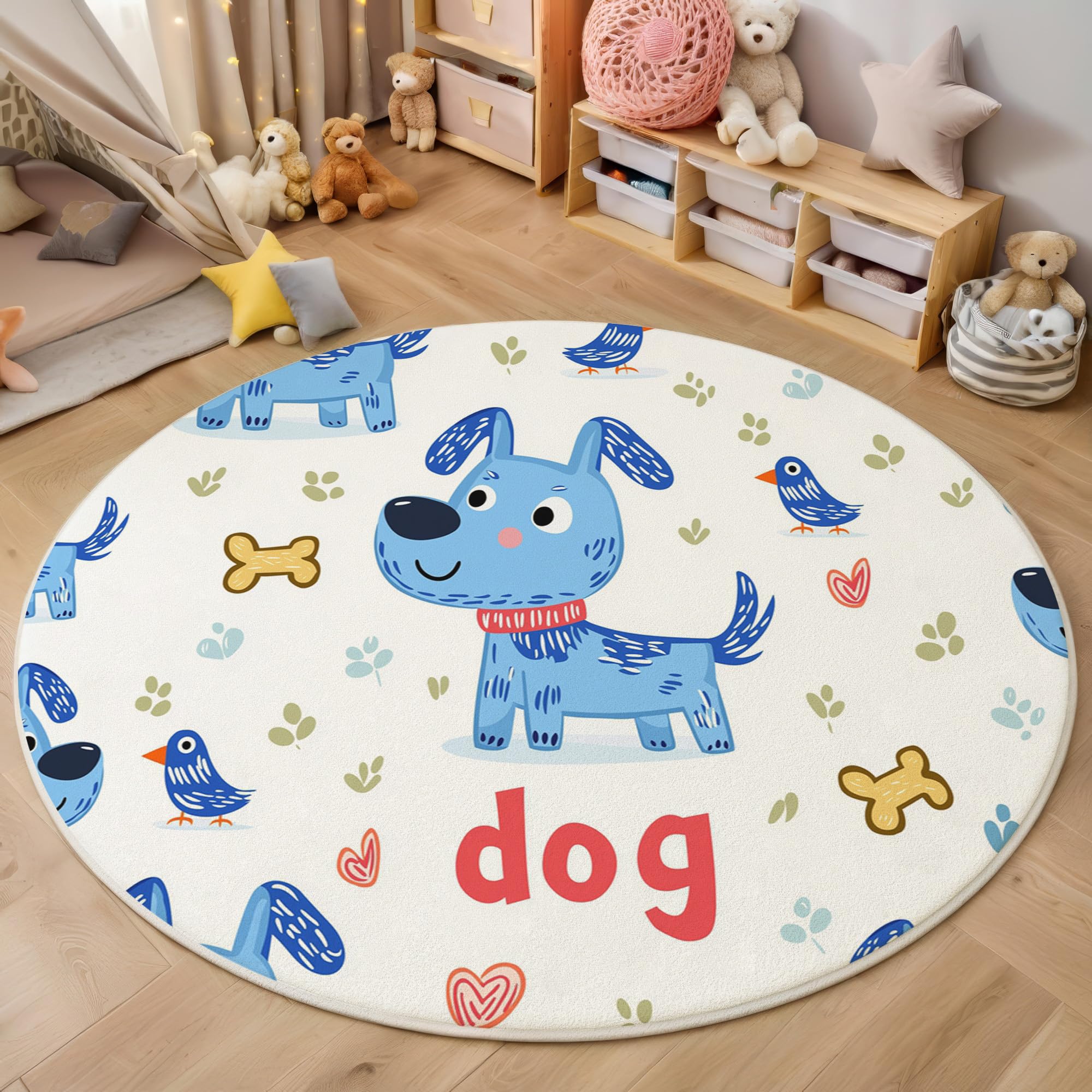 Tapis rond dessin animé chien bleu clair 120cm lavable pour une chambre d'enfant moderne