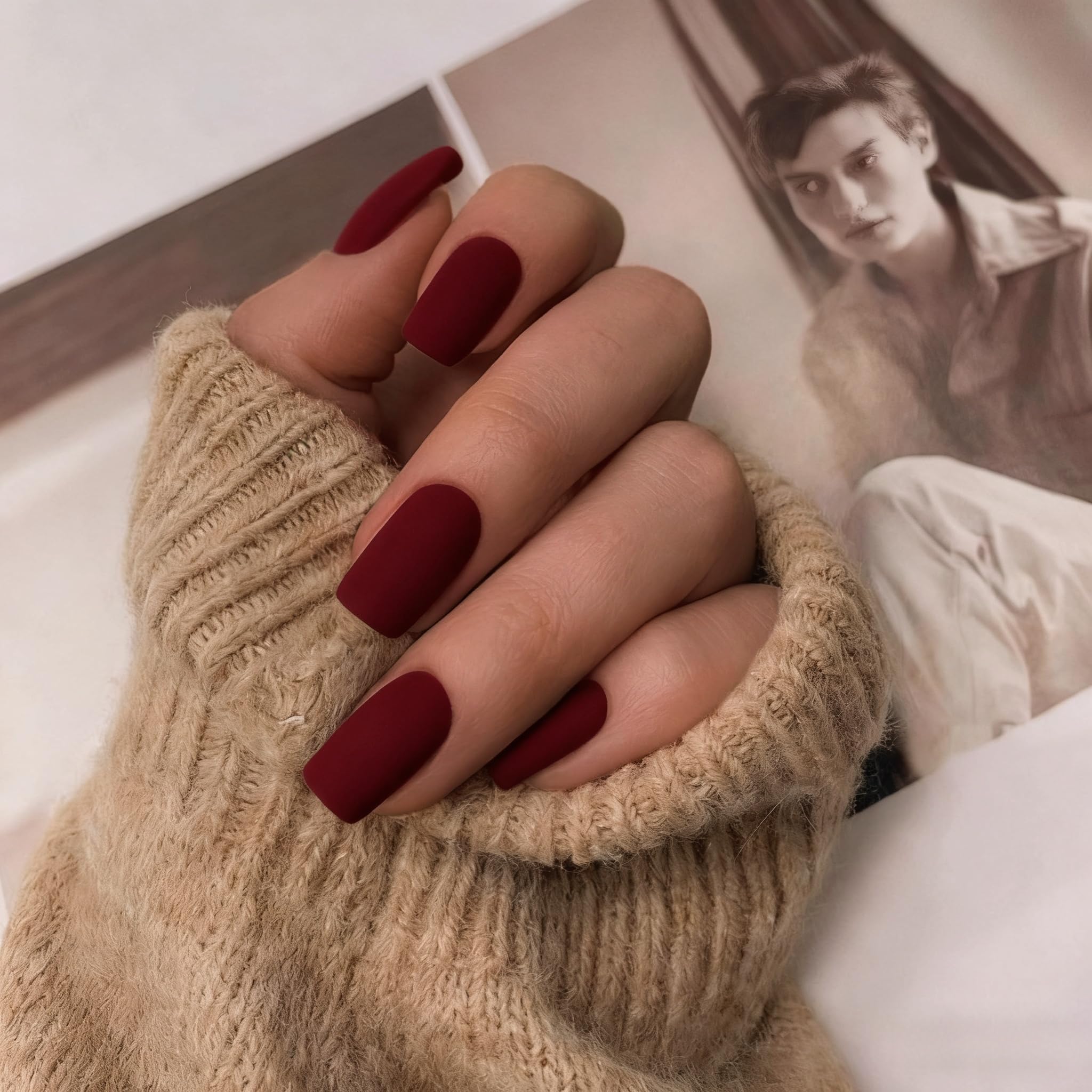 Matte Dark Red Press on Nails Short Medium Square Glue on Nails Set,Xcreando Summer Square Fake Nails Short Coffin Nail Press ons Gel Nail Medium