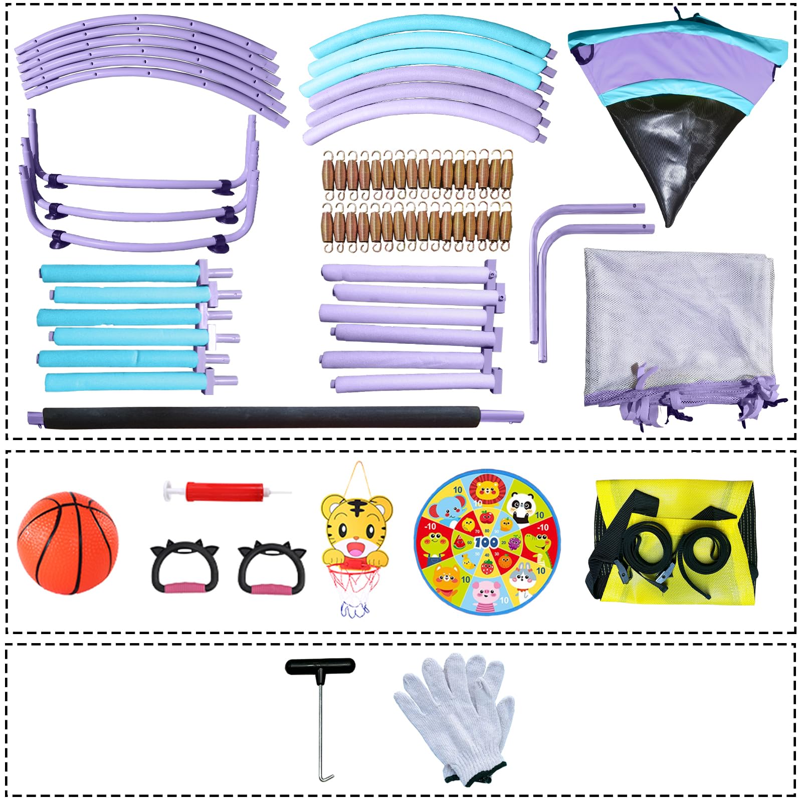 55-Zoll-Trampolin für Kinder für drinnen und draußen mit Sicherheitsnetz, Kleinkind-Trampolin mit Verstellbarer Turnstange und Spielzeug, lückenloses Sicherheitsdesign (lila und blau)