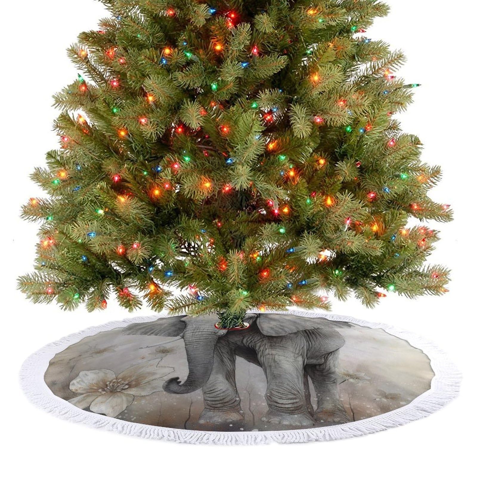 Animals Cute Elephant Christmas Tree Skirt 36"x36" Rustic Xmas Tree Mat with Tassel Ornament Christmas Trees Cover Skirt Mat for Evergreen Trees Ornament Winter Holiday Mats Decorations