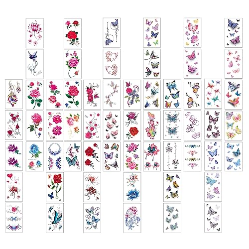 Miniatura 2 de 60 hojas de tatuajes temporales de flores, tatuajes de mariposas, palabras, líneas, tatuajes para adultos, hombres y mujeres