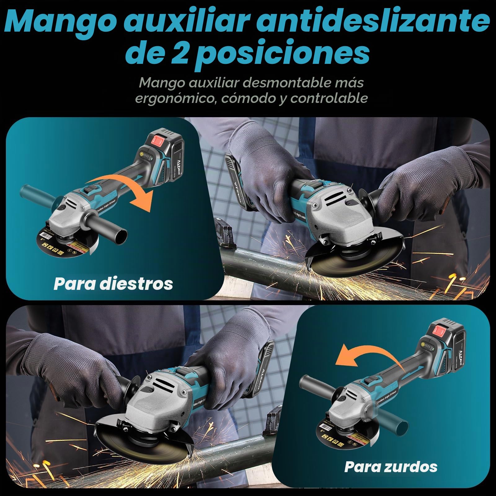 Amoladora Angular Inalámbrica 125mm Compatible con Baterías Makita de 18V, Radial con 2×3.0Ah Batería, 9000RPM, Rebarbadora 5 Discos de Corte &2 Discos de Láminas para Cortar, Pulir y Lijar