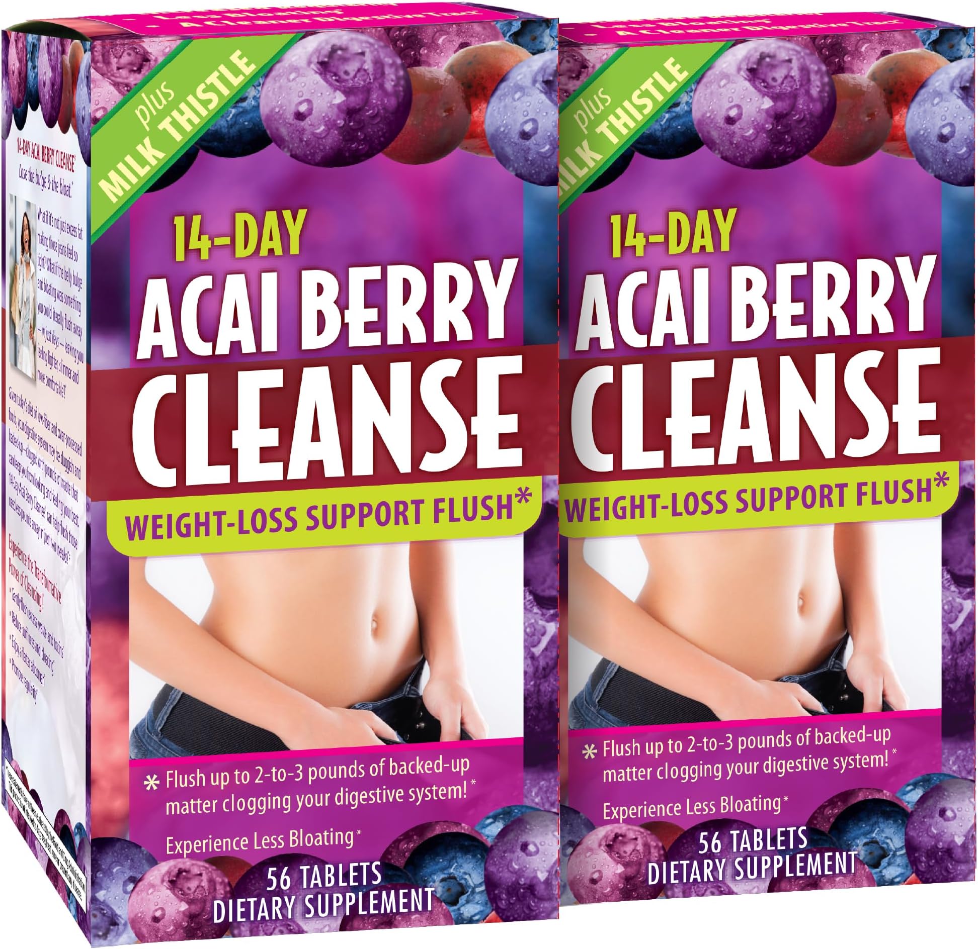 Applied Nutrition 14-Day Acai Berry Cleanse - 56 Tablets - Weight-Loss Support Flush + Milk Thistle - 56 Servings-(2 Pack)