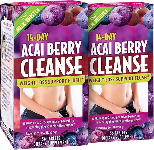 Applied Nutrition 14-Day Acai Berry Cleanse - 56 Tablets, Pack of 2 - Weight-Loss Support Flush + Milk Thistle - 56 Total Servings