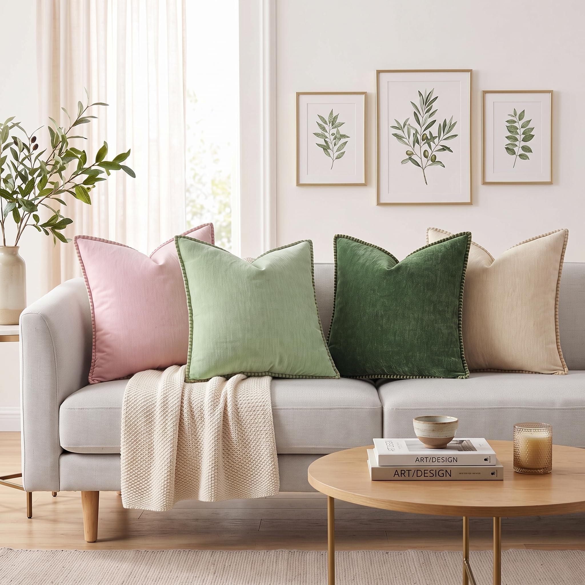 Farmhouse Lot de 2 housses de coussin décoratives en velours avec bords coupés pour canapé, salon, vert foncé, 55,9 x 55,9 cm, insert non inclus