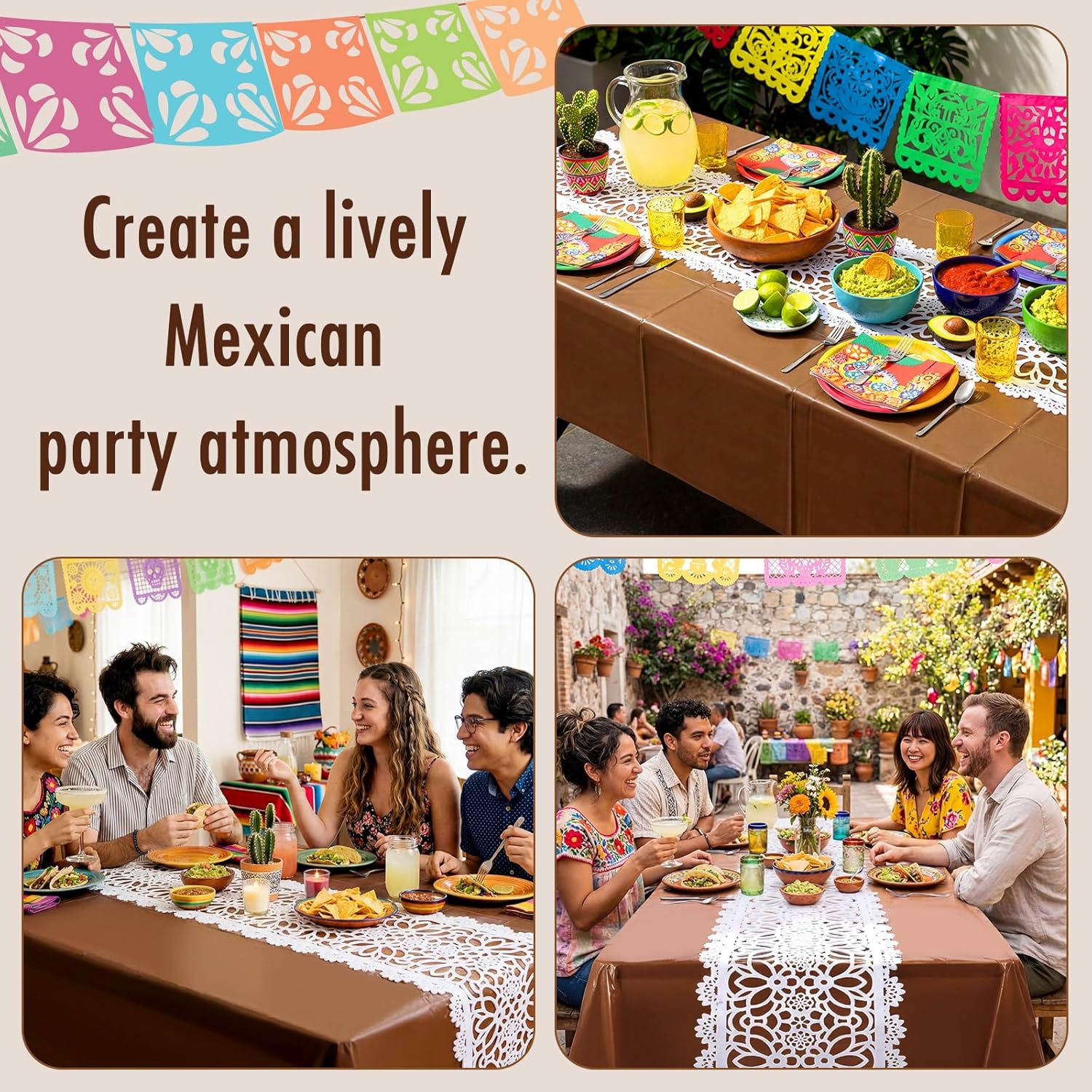 Peryiter 6 Sets Cielito Lindo Party Decoration Mexican Tablecloths Disposable Plastic Talavera White Papel Picado Table Runners for Cinco De Mayo Fiesta Birthday Wedding Baby Shower Supplies(Brown)