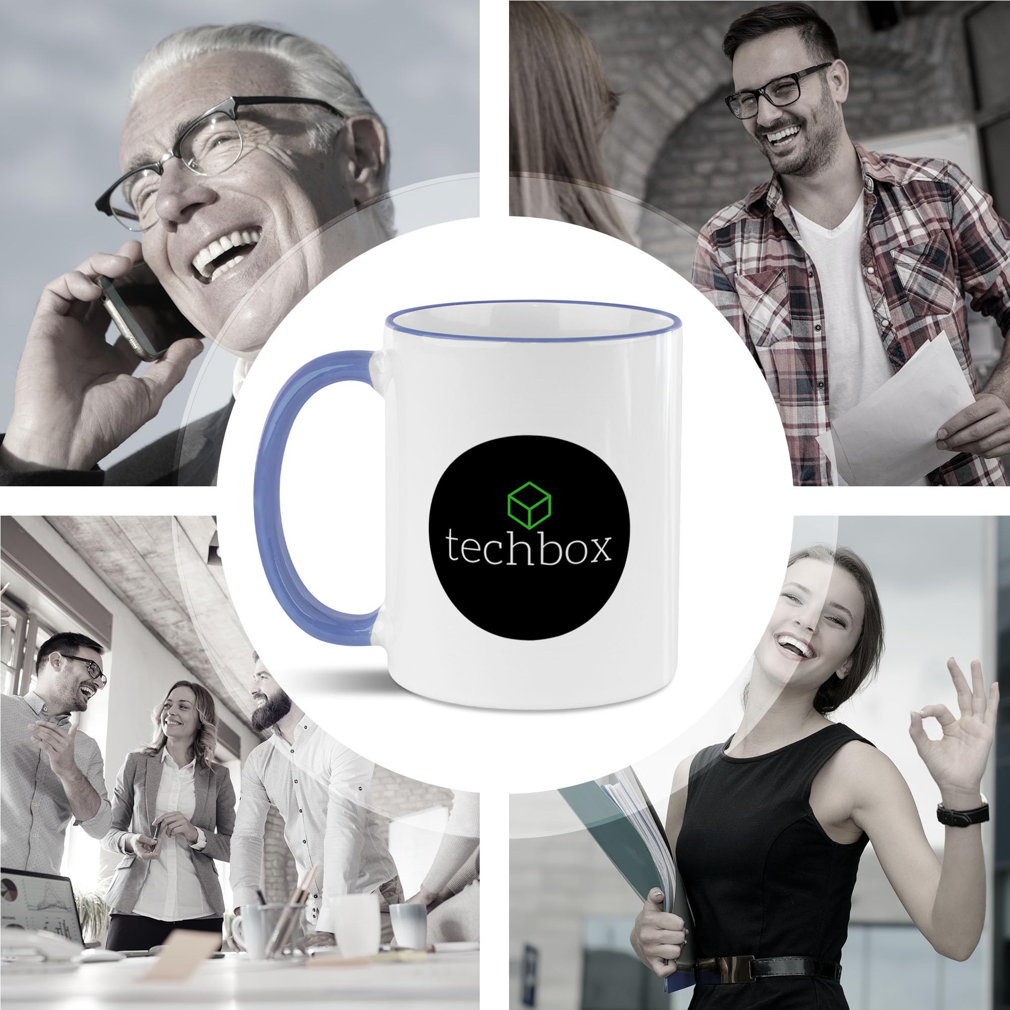Tassendruck Firmen-Tassen 48 Stück mit eigenem Logo gestalten - Geschenke zum Firmenjubiläum, für Kollegen, Merchandise, B2B | Personalisierte Fotogeschenke - Rand & Henkel Cambridge Blau, 300 ml