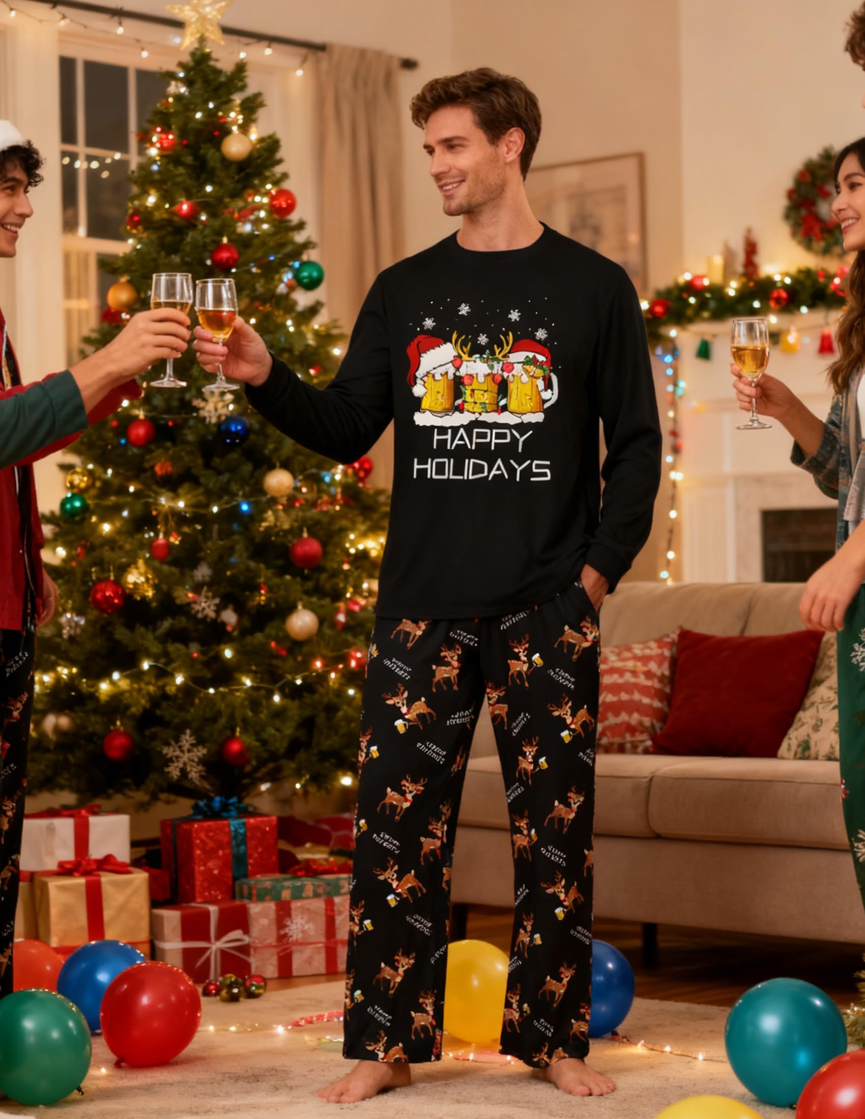 Snapklik.com : Mens Christmas Pajamas Set Ugly Xmas Reindeer Beer Pjs ...