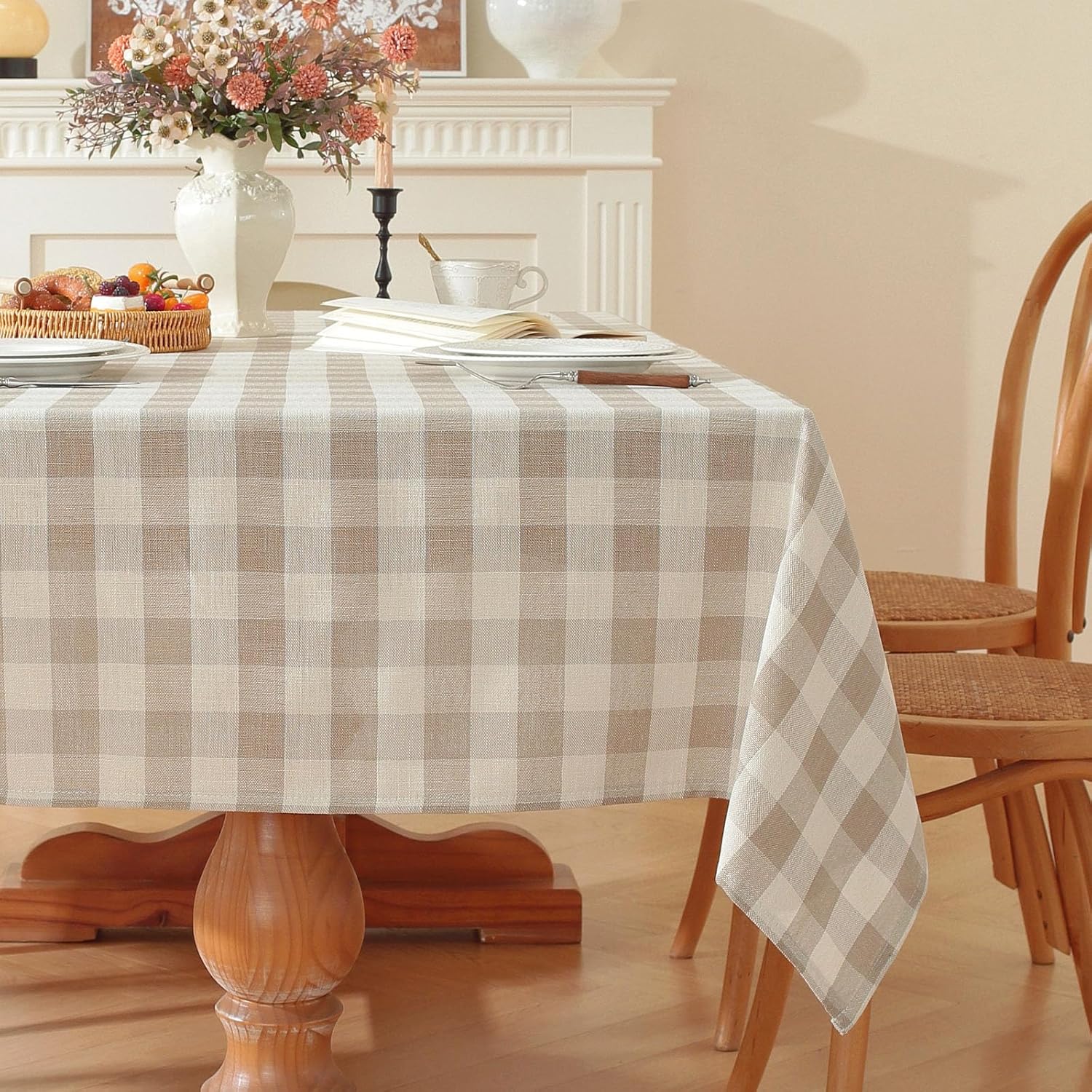 Gingham Tablecloth Rectangle Checkered Table Cloth Cotton Linen Fabric Wrinkle Free Washable Buffalo Plaid Table Cover for Kitchen Dining Picnic Camping, Pink and White, 55 * 70 inch