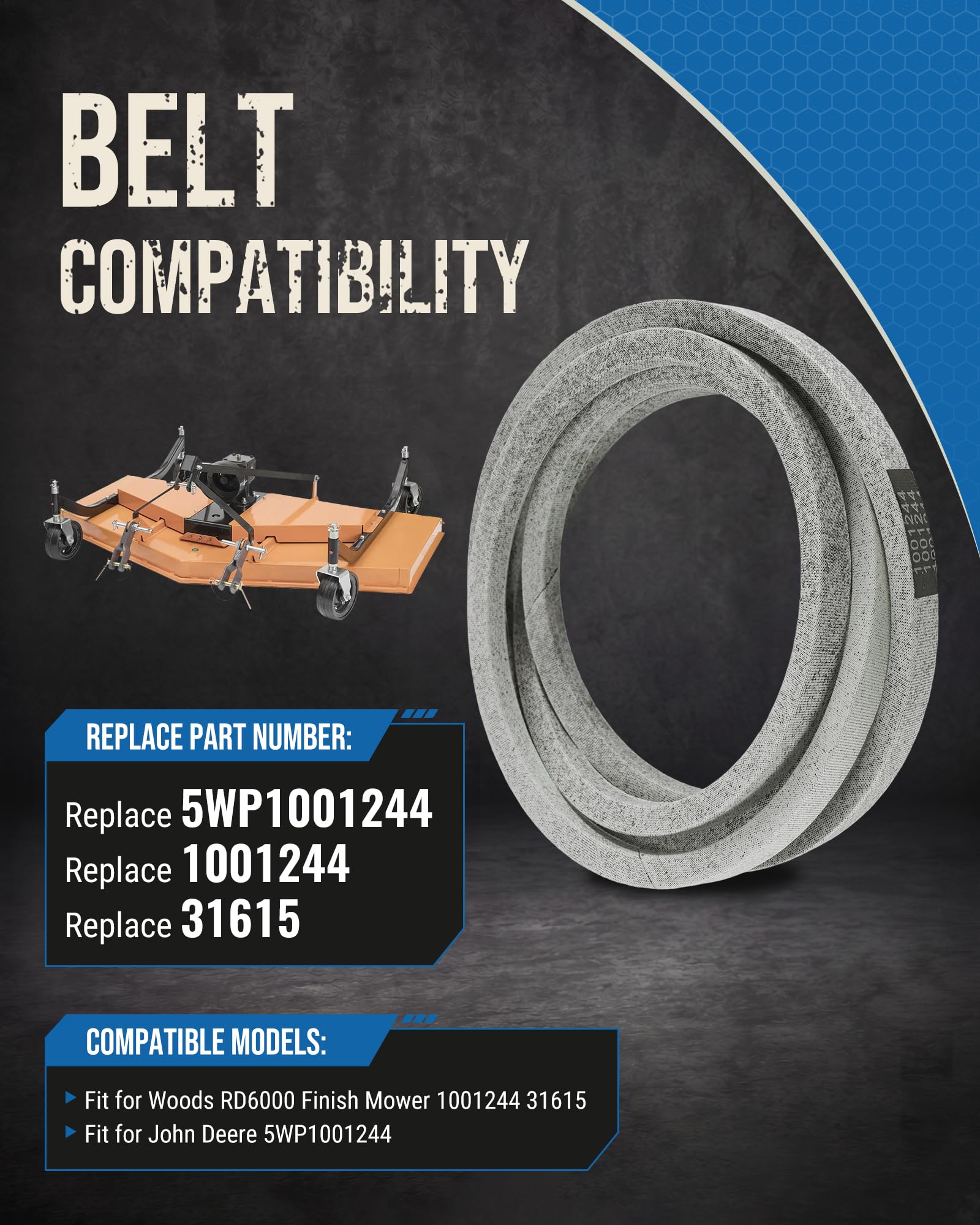 Correa de cubierta Kevlar para cortacésped John Deere 5WP1001244 Woods RD6000 | Reemplaza 1001244 31615, correa en V para tractor de césped, cable de aramida