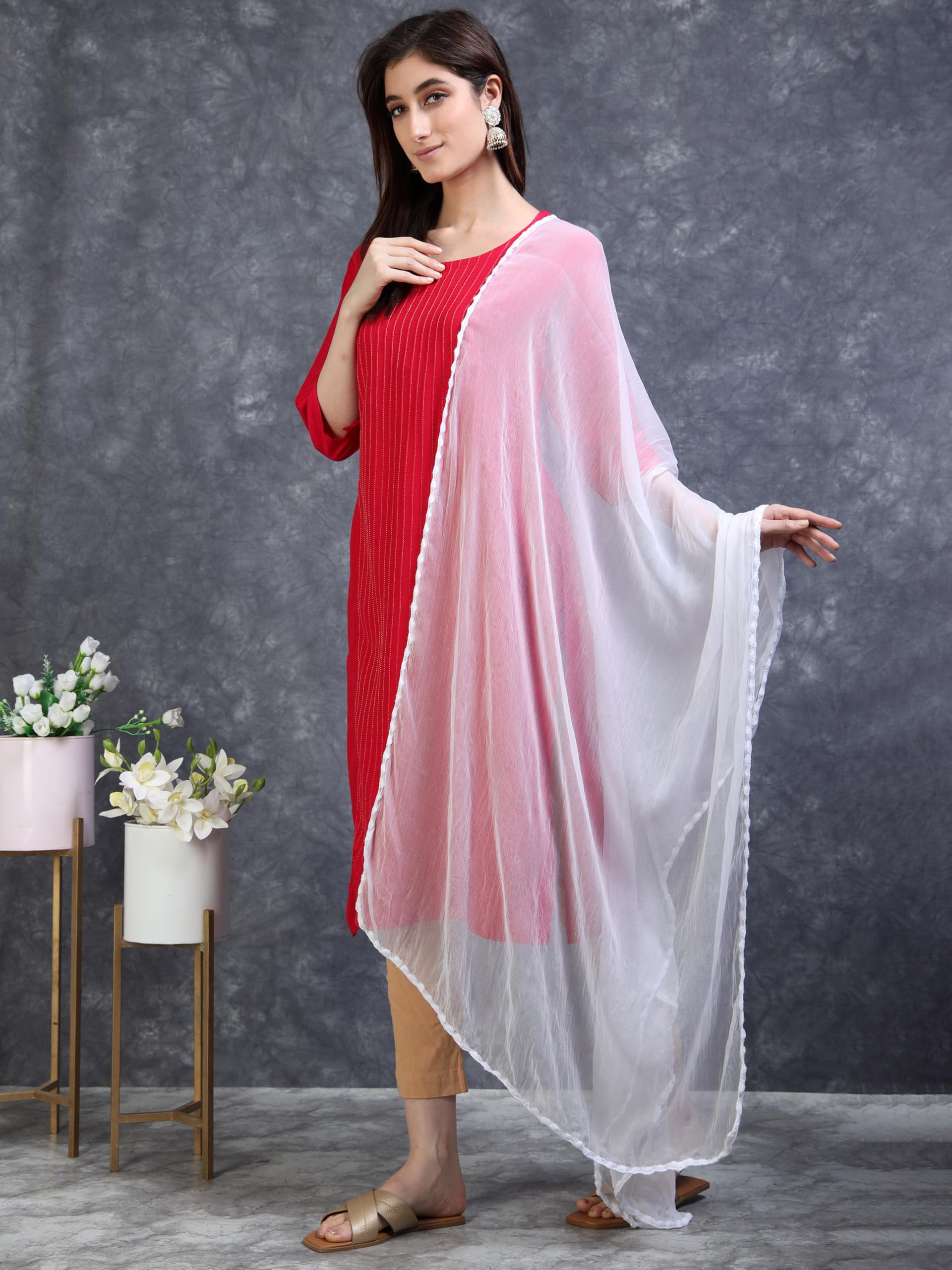Miraan Women Pure Chiffon Solid Dupatta With Woven Border, 2.25 Meters Length (Chiffdupwhite03_White), 2.25 mtr - Image 3 thumbnail
