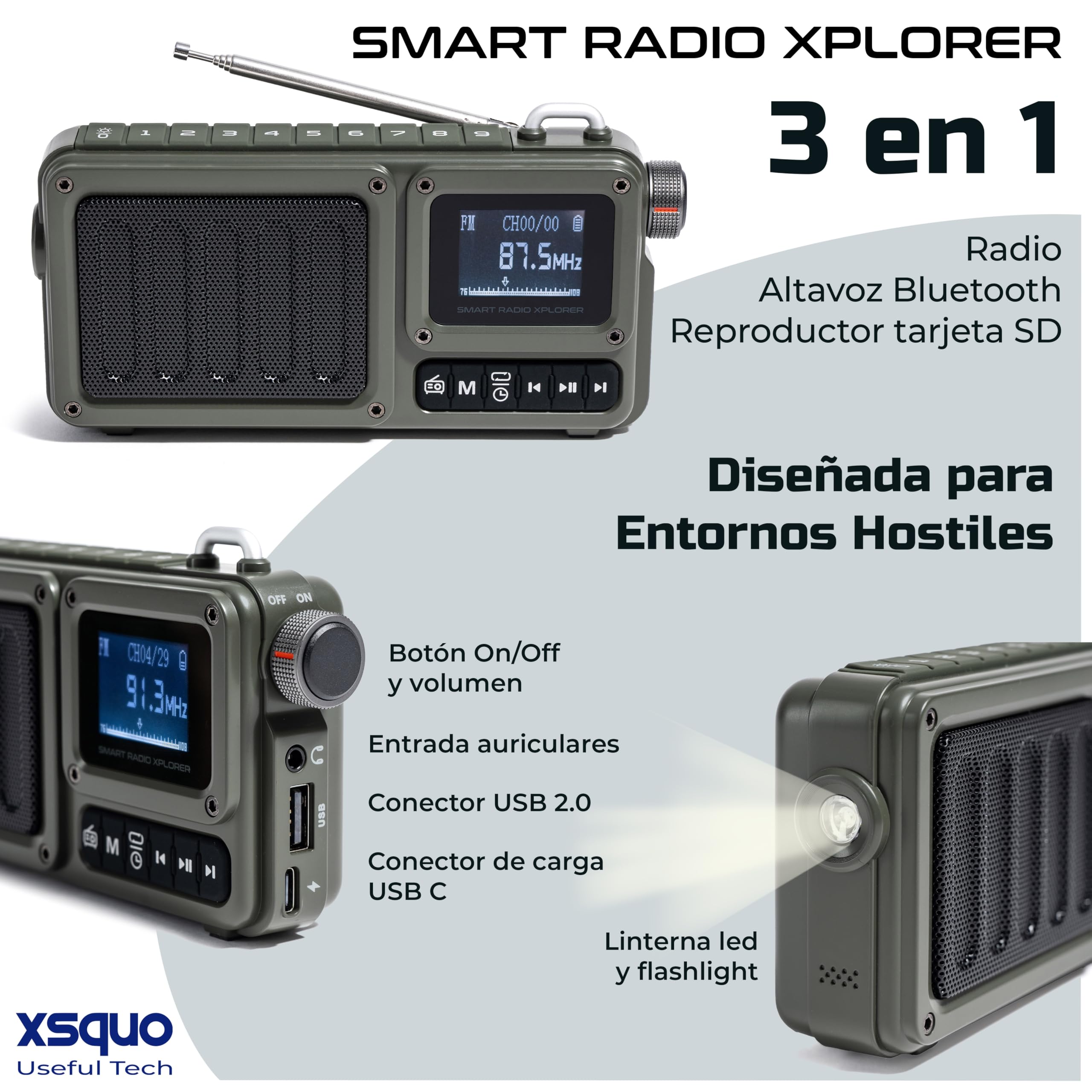 Radio Portable Rechargable 3 en 1 pour Camping Chantier Survie FM Bluetooth Autonomie 20H Puissante – Haut Parleur 8W Micro USB C AUX Compacte Nomade