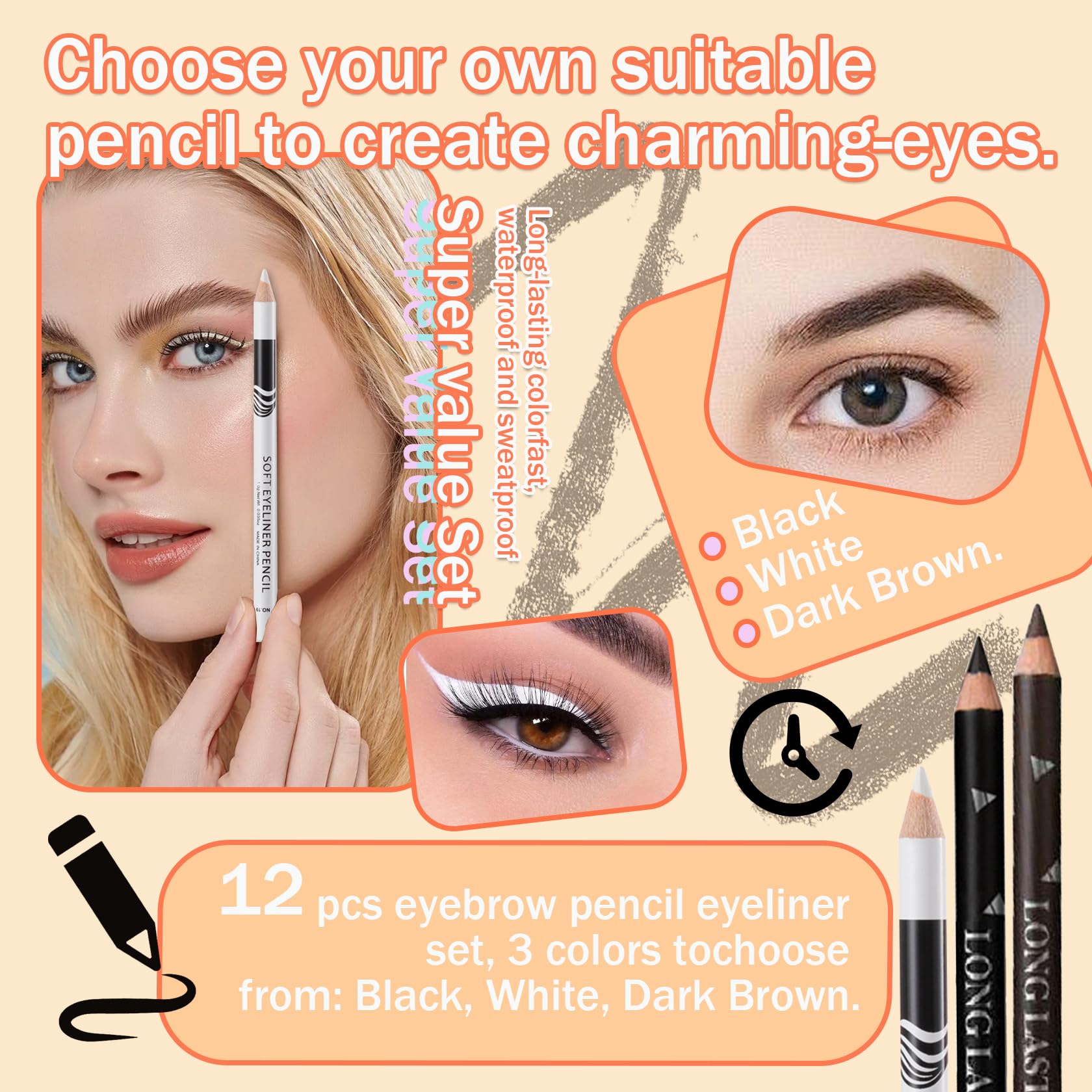 LJYBoBin 12PCS Eyeliner Pencil,Black White Dark Brown Waterproof Eyeliner Pencil Pen Set,Smudge-proof Long Lasting Matte Eye Liner Makeup Pencils,Easy Apply Colored Eyeliner Pencil