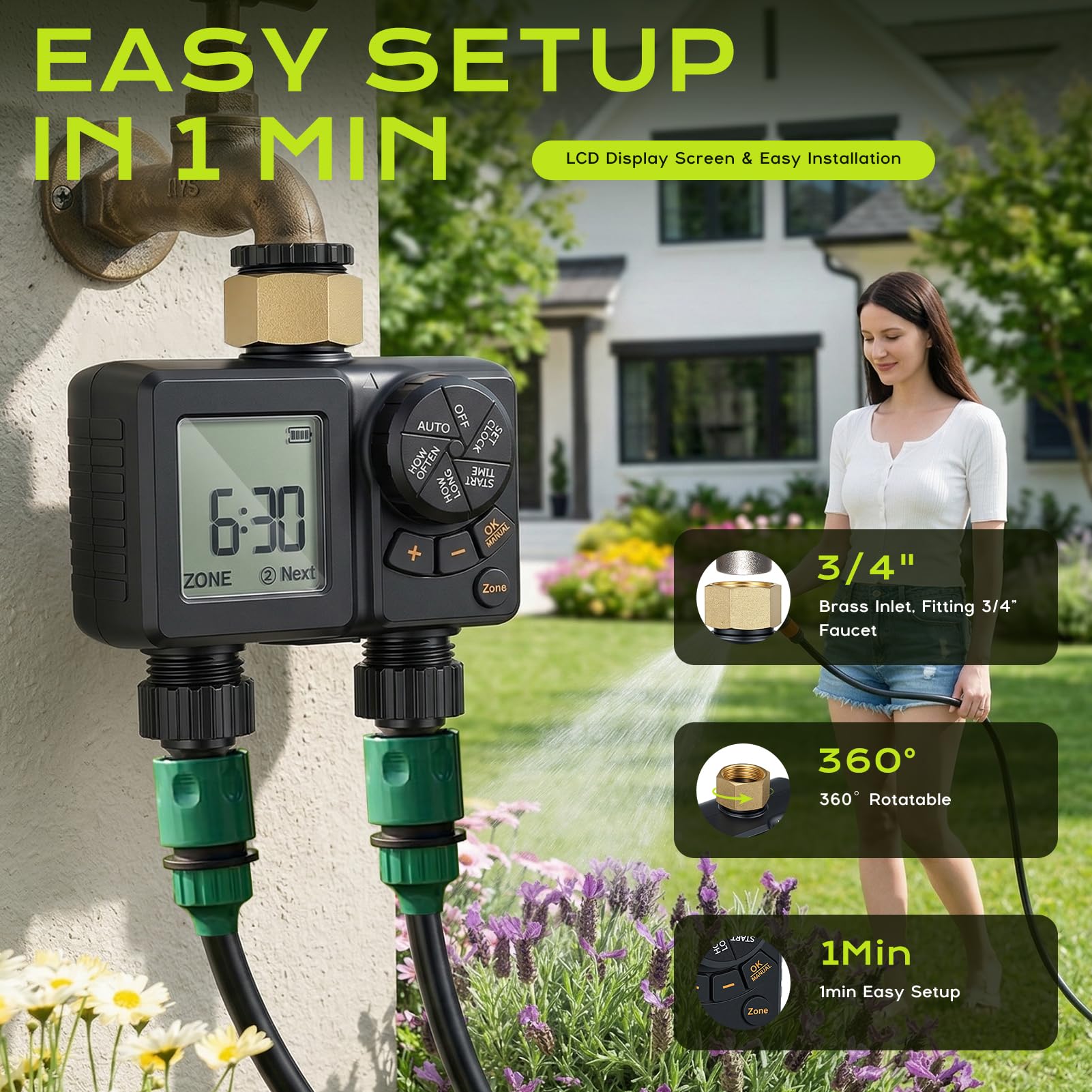 Programmateur Arrosage 2 Voies 2000mAh Rechargeable IPX6 Étanche Minuteur Arrosage Automatique, LCD 2.8", Entrée Laiton, Retard de Pluie, Arrosage Automatique et Manuel pour Jardin Pelouse