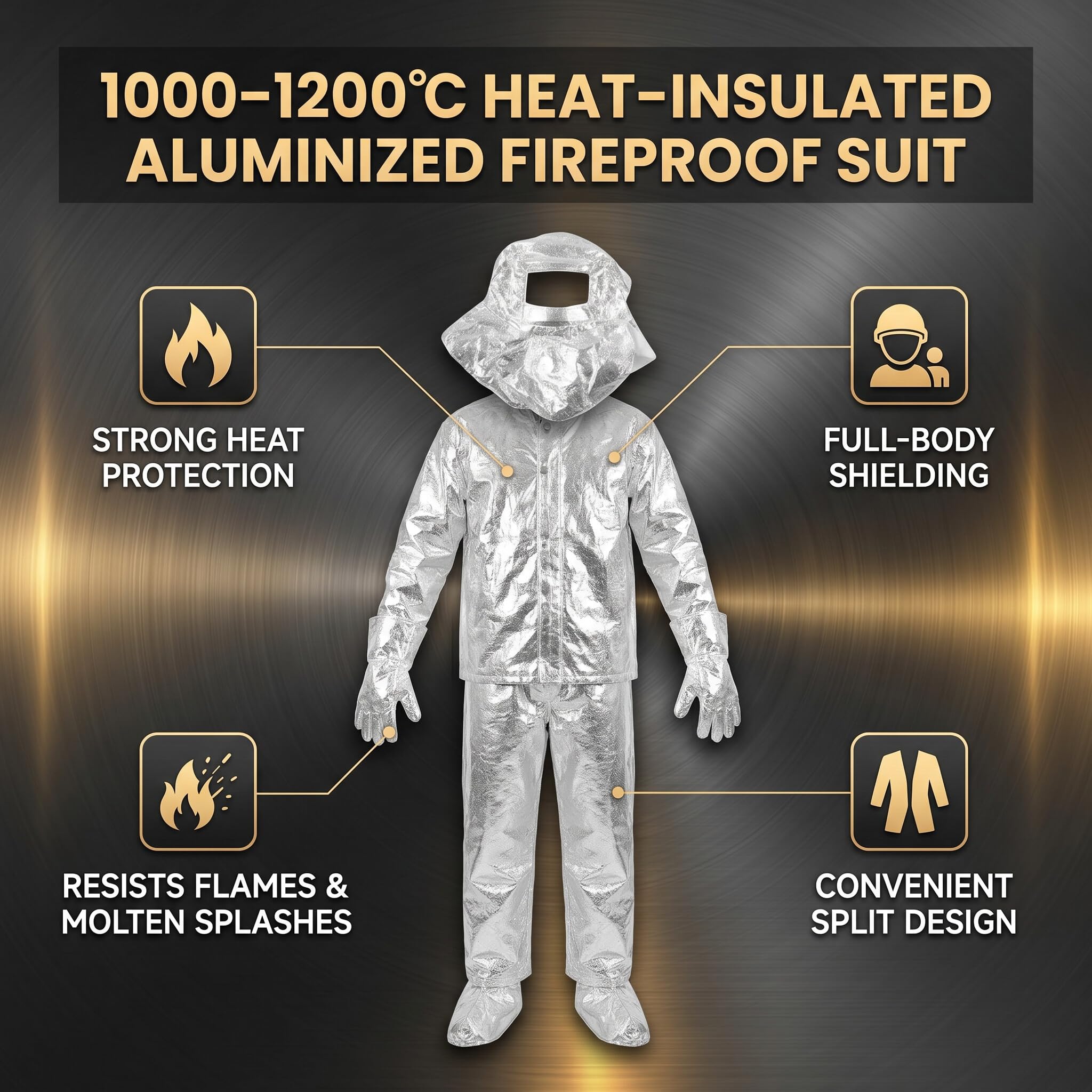 Traje con Aislamiento Térmico, Ropa Aluminizada Ignífuga a Prueba de Altas Temperaturas 1000 1200 ℃ con Casco Chaqueta Pantalones Fundas para Zapatos, para Bomberos