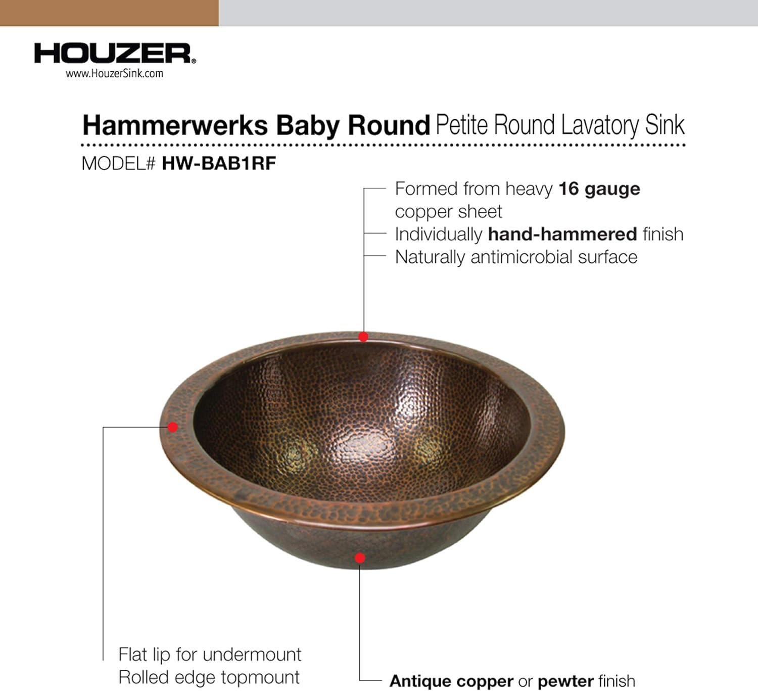 Uр Tо 60% оƒƒ Houzer HW-BAB1RF Hammerwerks Series Baby Round Undermount Copper Lavatory Sink, Antique Copper