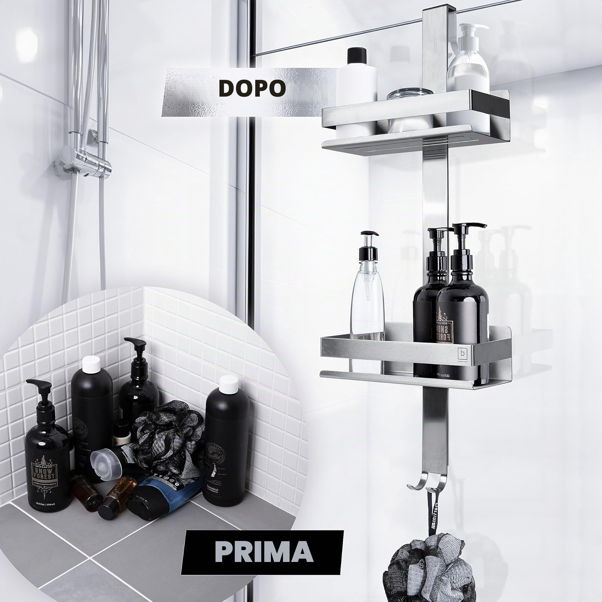 BENKSTEIN Mensola per doccia da appendere, in argento, con 2 cesti per doccia, da appendere, salvaspazio, cestino da doccia, in acciaio inox, supporto per shampoo per doccia