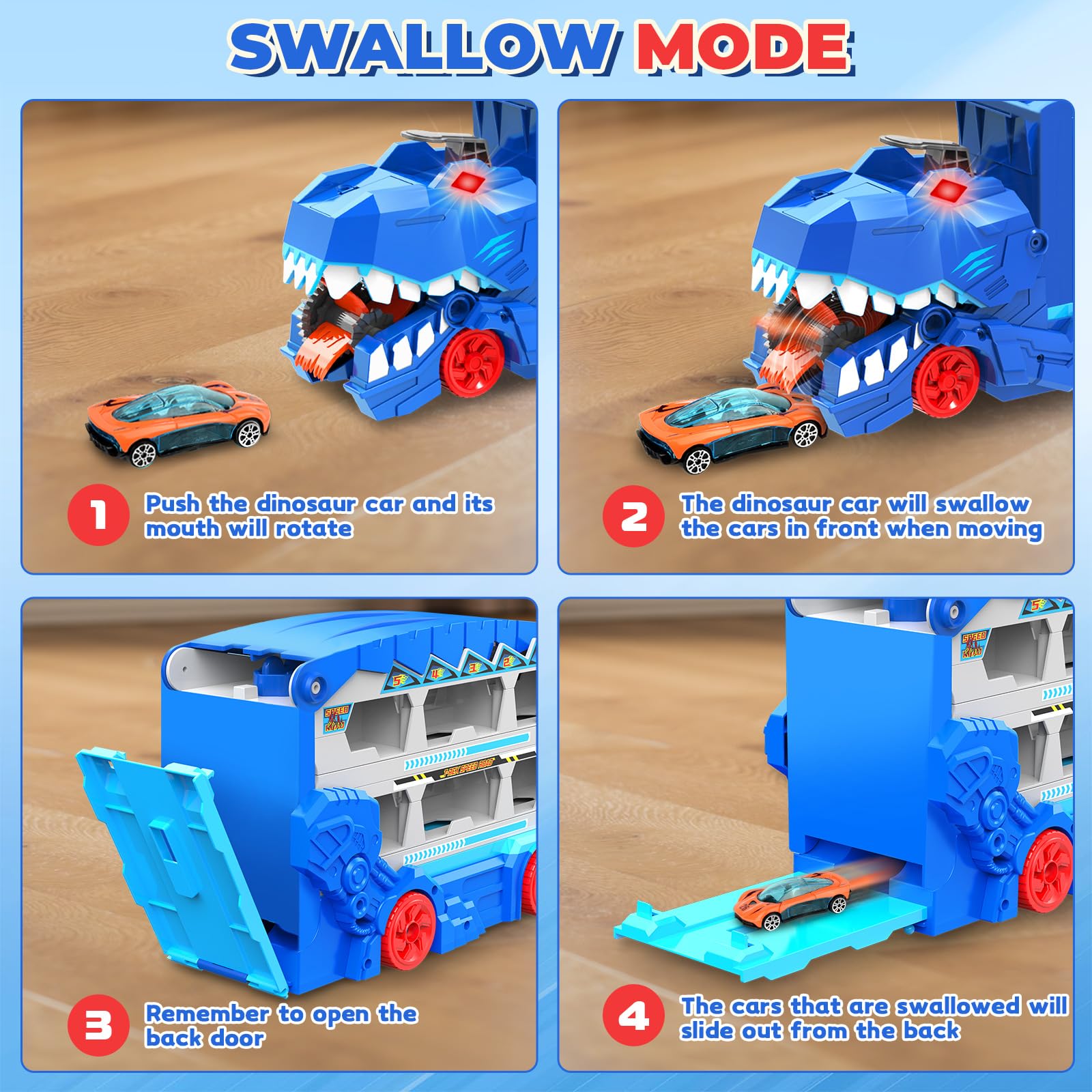 Ultimate Transporter - Juego de juguetes de pista de carreras de dinosaurios para niños, camión portador de 6 pies con 8 coches de juguete de metal fundido a presión, coche de carreras con