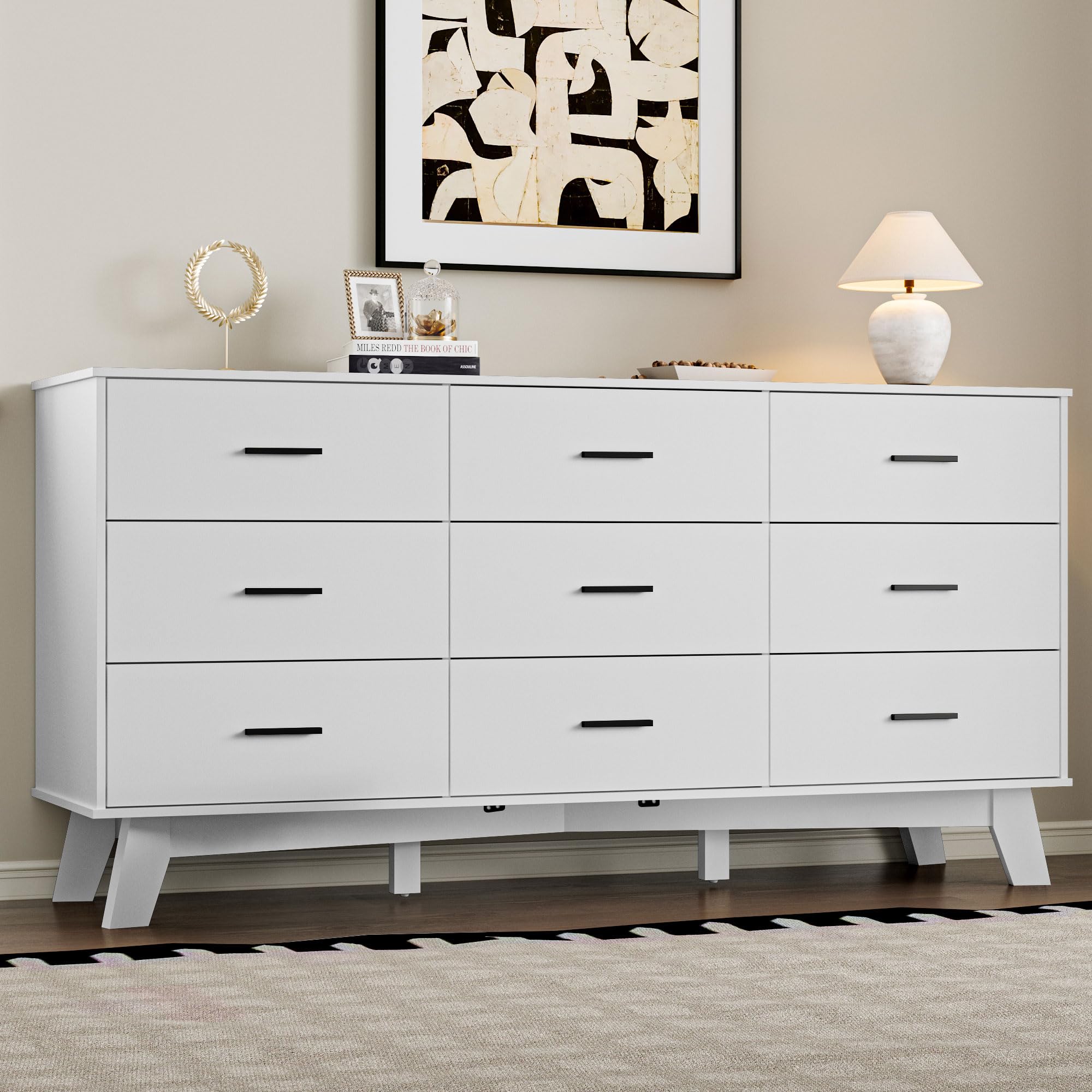 BORNOON Dresser for Bedroom with 9-Drawer, 59" Wide Modern Chest of Drawers with Metal Handles, X-Shape Base & Adjustable Center Leg, Anti-Tip Closet