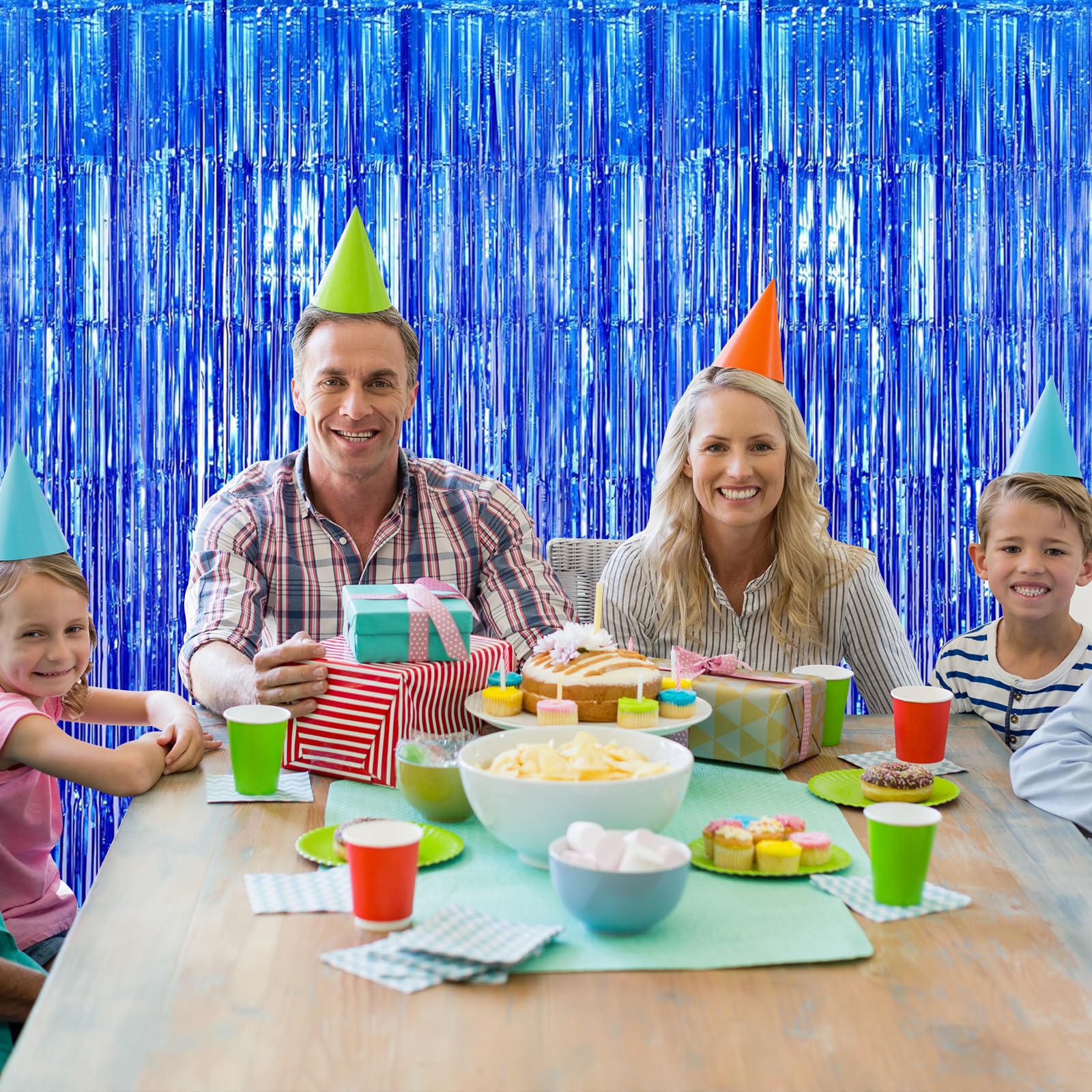 Paquete de 20 cortinas de telón de fondo de aluminio azul de 3.2 pies x 8.5 pies, cortinas de telón de fondo con flecos metálicos de oropel para decoraciones de fiesta de cumpleaños, cabina de