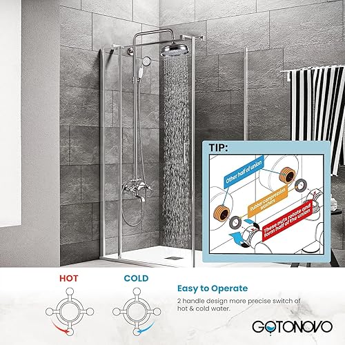 Vista 48 de gotonovo Grifo de ducha de baño, mezclador de lluvia, cabezal de ducha redondo de 8 pulgadas, mango cruzado doble con boquilla de bañera, montaje
