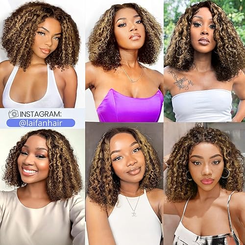 Miniatura 4 de Pelucas de cabello humano sin pegamento, prearrancadas, con reflejos rubios, pelucas cortas y rizadas con encaje frontal para mujeres negras, peluca