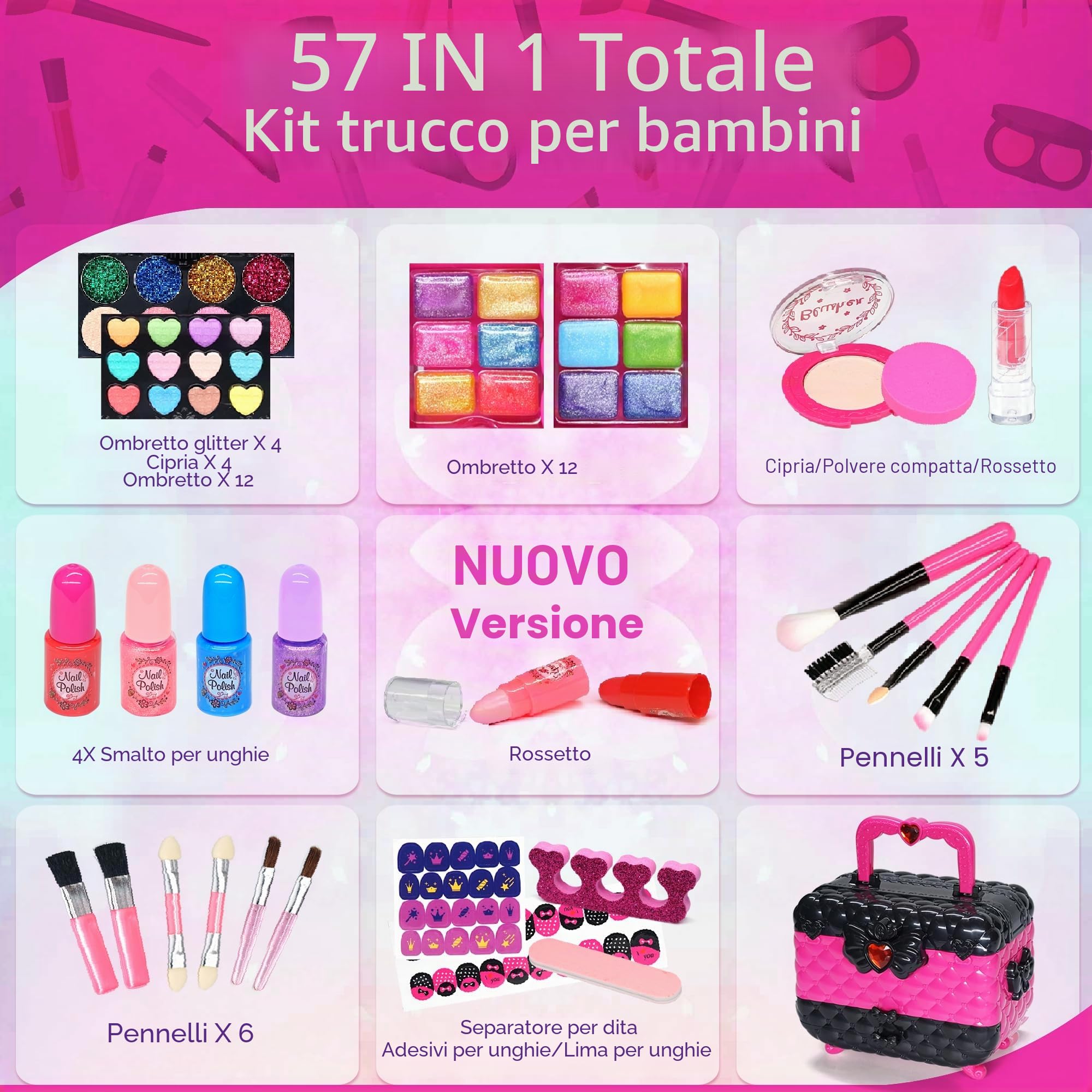 Valigetta Trucchi Bambina - Set Anallergico e Lavabile, Borsa Reale per Principessa, Regalo Compleanno 4-9 Anni (Rosa)