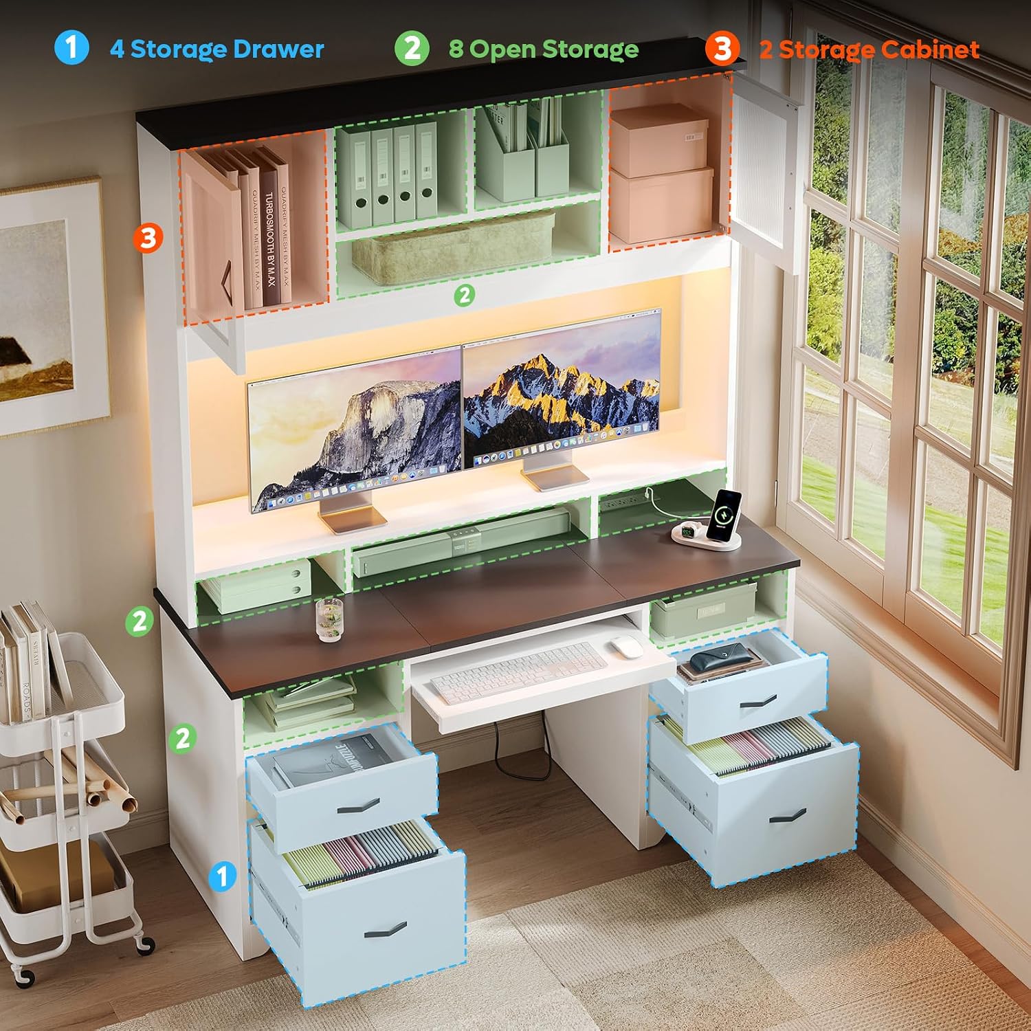 Image highlighting the various storage features of the desk, including four storage drawers, eight open storage compartments, and two storage cabinets.