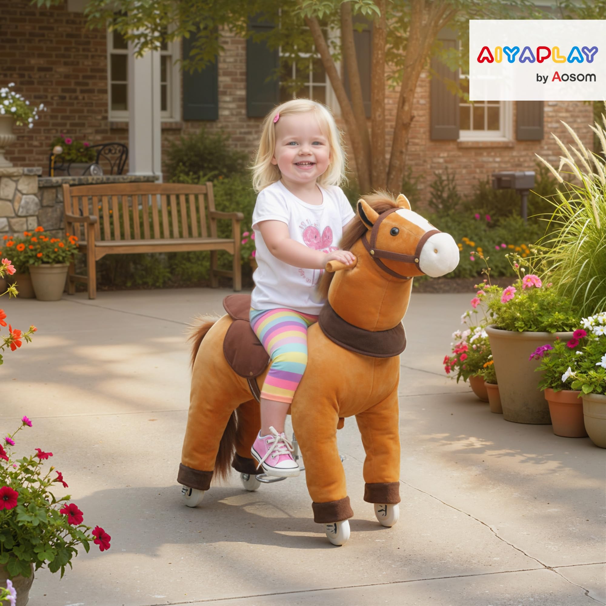 AIYAPLAY Reitpferd, Spielpferd zum Reiten mit Sattel Rollen, 75 cm Stehpferd, Plüschpferd für Kinder 3-5 Jahre, bis 25 kg, Dunkelbraun