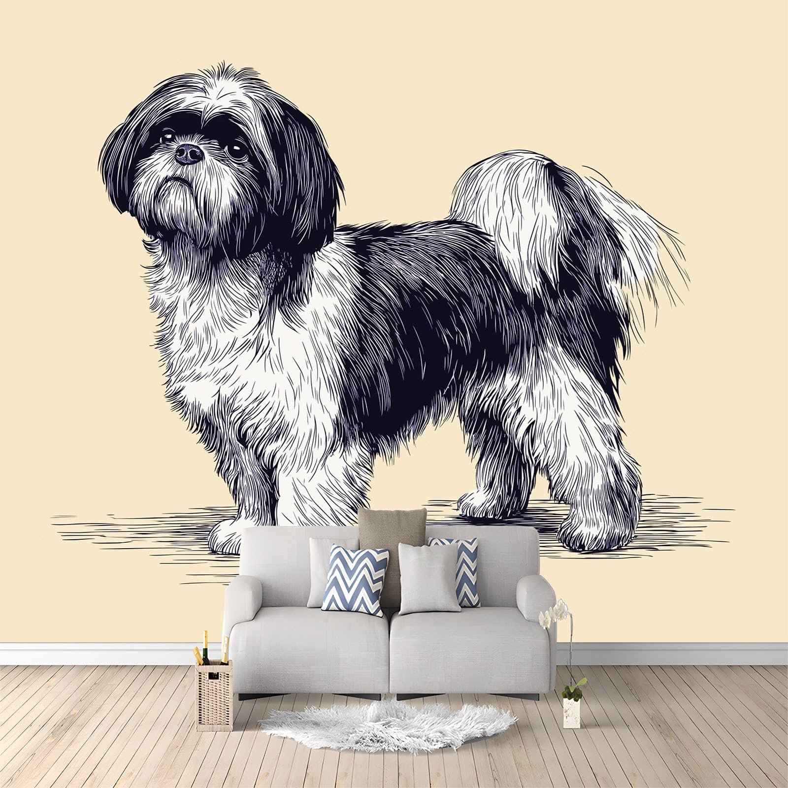 Fototapeta z włókniny, 200 x 140 cm, minimalizm, linie, zwierzęta, Shih Tzu, tapeta na fizelinie, tapeta ścienna, efekt 3D, nowoczesna tapeta do salonu, pokoju dziecięcego, tło TV, tapeta z motywem