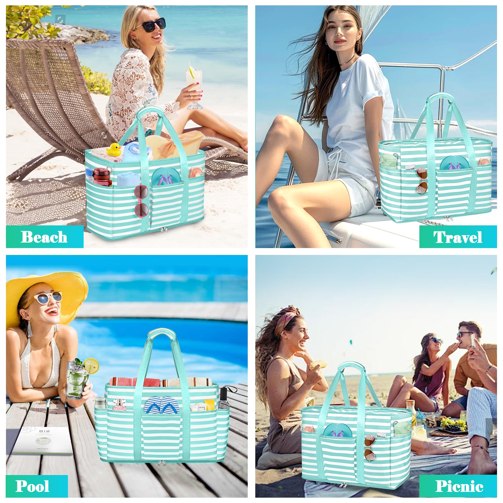 Bolsa de Playa Grande XXL Familiar con Cremallera - Bolso Shopper de Malla para Mujer - Tote de Hombro para Viaje, Compras, Gimnasio - 50x20x35cm