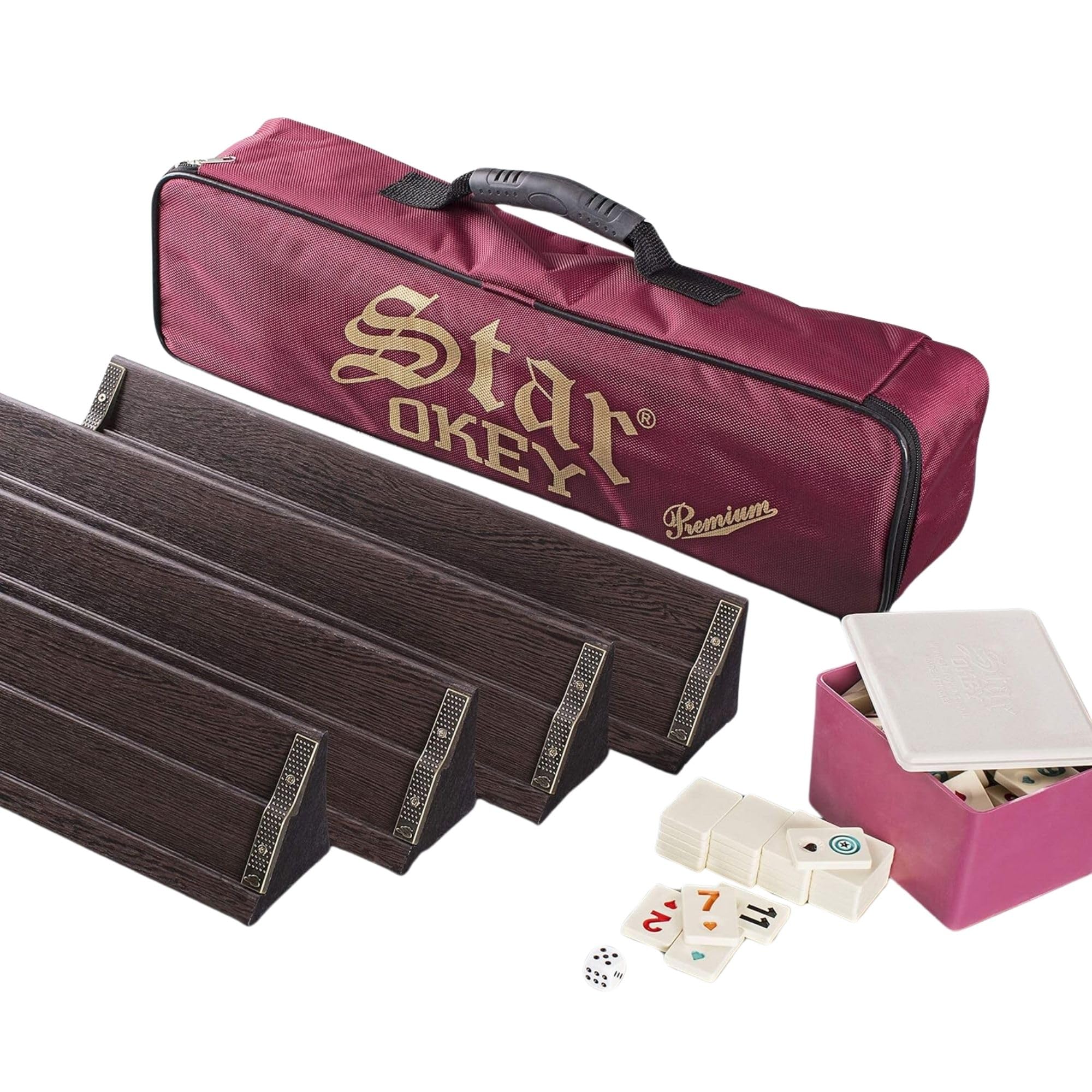 LaModaHome Premium Rummy Cube Tile Game Polished Dark Wooden Rummy/Okey / 101 Game Set with Tile Container, Dices, and Portable Bag for Adult, Perfect for Game Night.