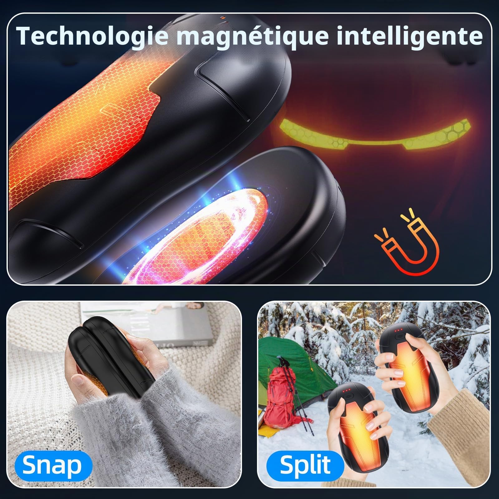 Chauffe Main Rechargeable,10000mAh Chaufferette Main Reutilisable Iron Man,2024 Ddernière Lot de 2 Chauffe Main Electrique Portables,Adaptés pour Extérieur&Intérieur,Camping-Noir Argent