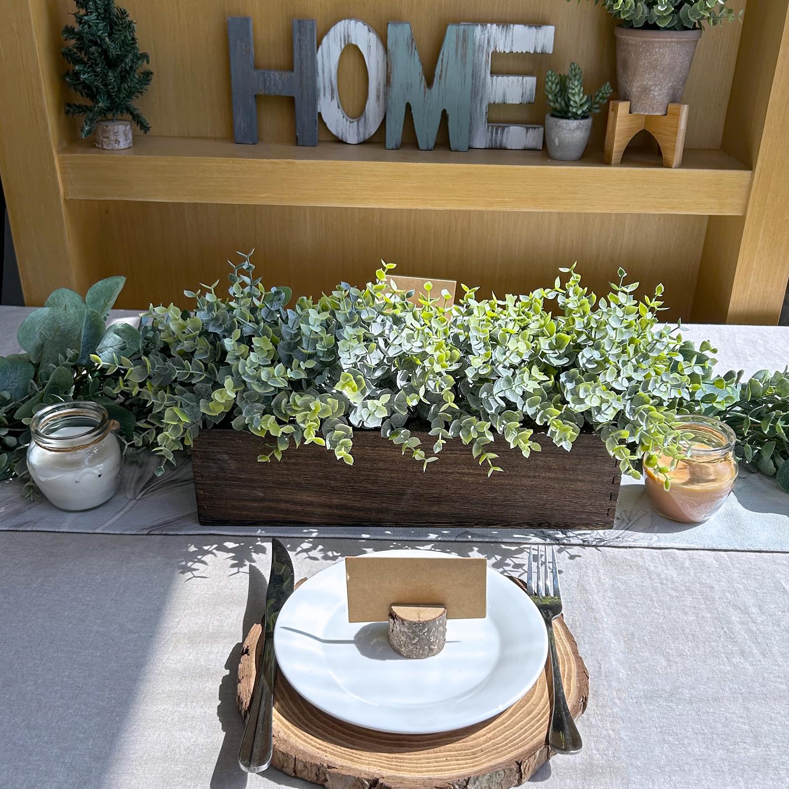 Eucalipto artificial de 14 pulgadas en maceta rectangular de madera, arreglo de plantas sintéticas, planta de eucalipto en maceta de madera para granja, boda, comedor, centro de mesa, 5