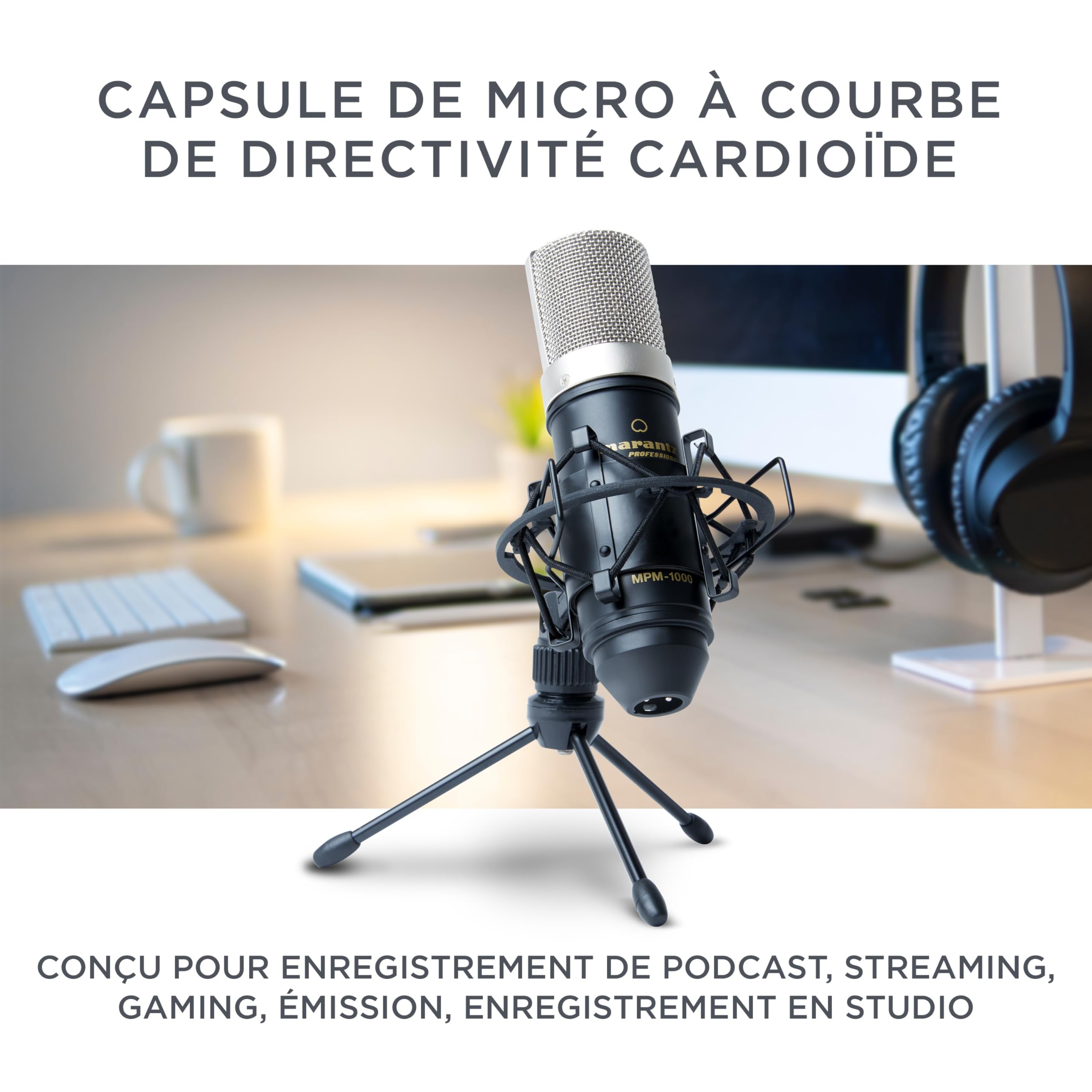 Marantz Professional MPM-1000 - Micro à condensateur XLR avec pied de bureau et câble pour podcast, streaming, chant, télétravail et gaming