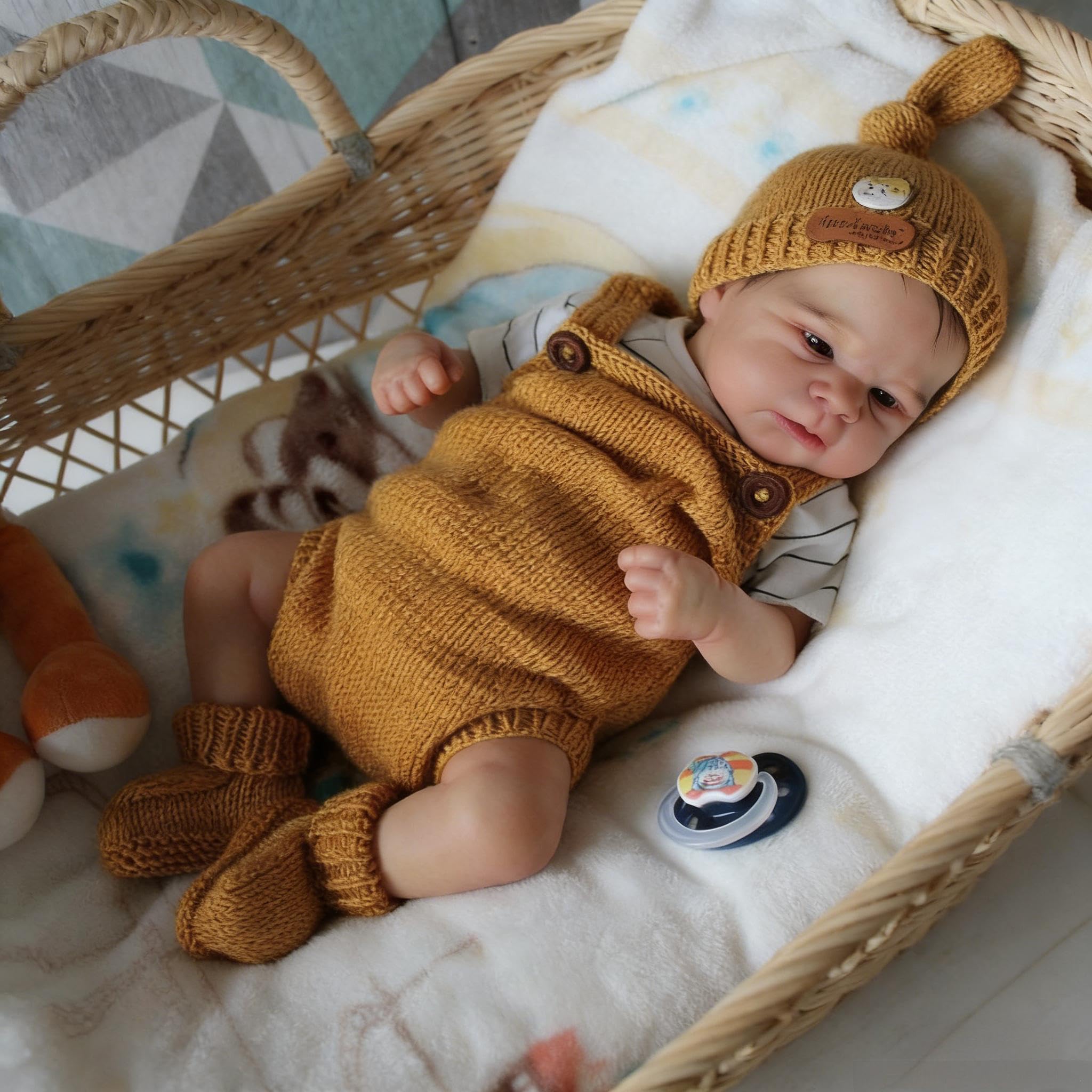 RXDOLL Reborn Baby Junge Offene Augen Vollsilikon Lebensecht, 43 cm Silikon Baby Puppe, Reborn Puppen Lebensecht, Lebensechte Babypuppen Junge Mit Zubehör
