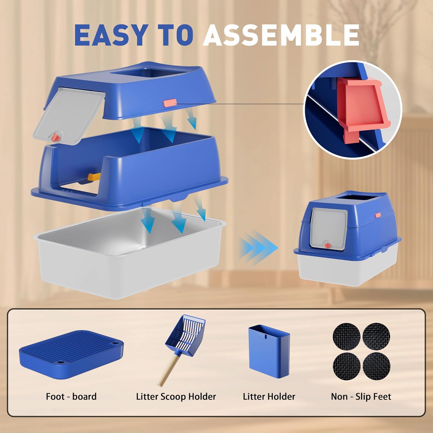 Stainless Steel Litter Box Extra-Large 23.6" with Dual Entry Enclosed Removable Metal Litter Box with High Sided Enclosure & Scoop for Big Cat Non-Sticky Easy Cleaning (Blue)