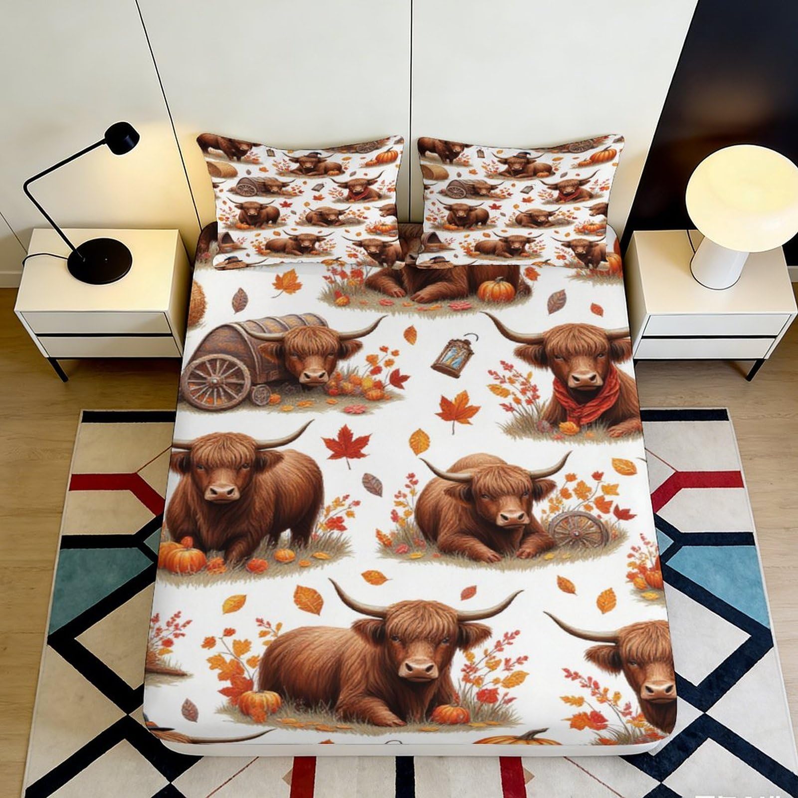 3D Printed Highland Cattle Fitted Sheet Microfiber Soft Durable Autumn Leaves Bed Cover for Bedroom Dormitory Guest Room Mattress Protection 90x200x25cm