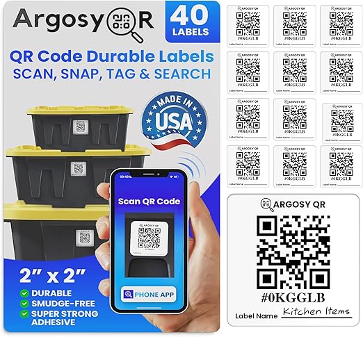 Code Durable Labels (2" x 2") for Storage & Moving - 40 USA-Made Inventory Stickers with Free Organization App